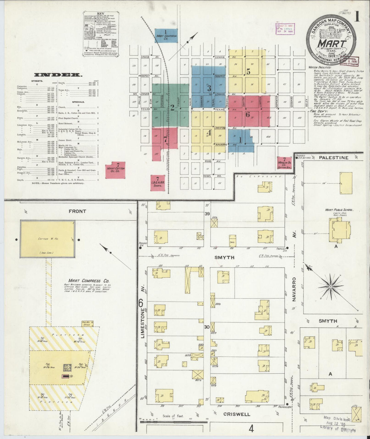 Sanborn Fire Insurance Map from Mart, McLennan County, Texas (1909), Sheet #0001 - Historic Sanborn Fire Insurance Map Print, vintage old map wall art, antique decor, genealogy gift, Texas Texas map