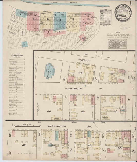 Sanborn Fire Insurance Map from Cairo, Alexander County, Illinois (1885), Sheet #0001 - Complete Map Set gallery image, historic Sanborn map, vintage wall art, Illinois Illinois
