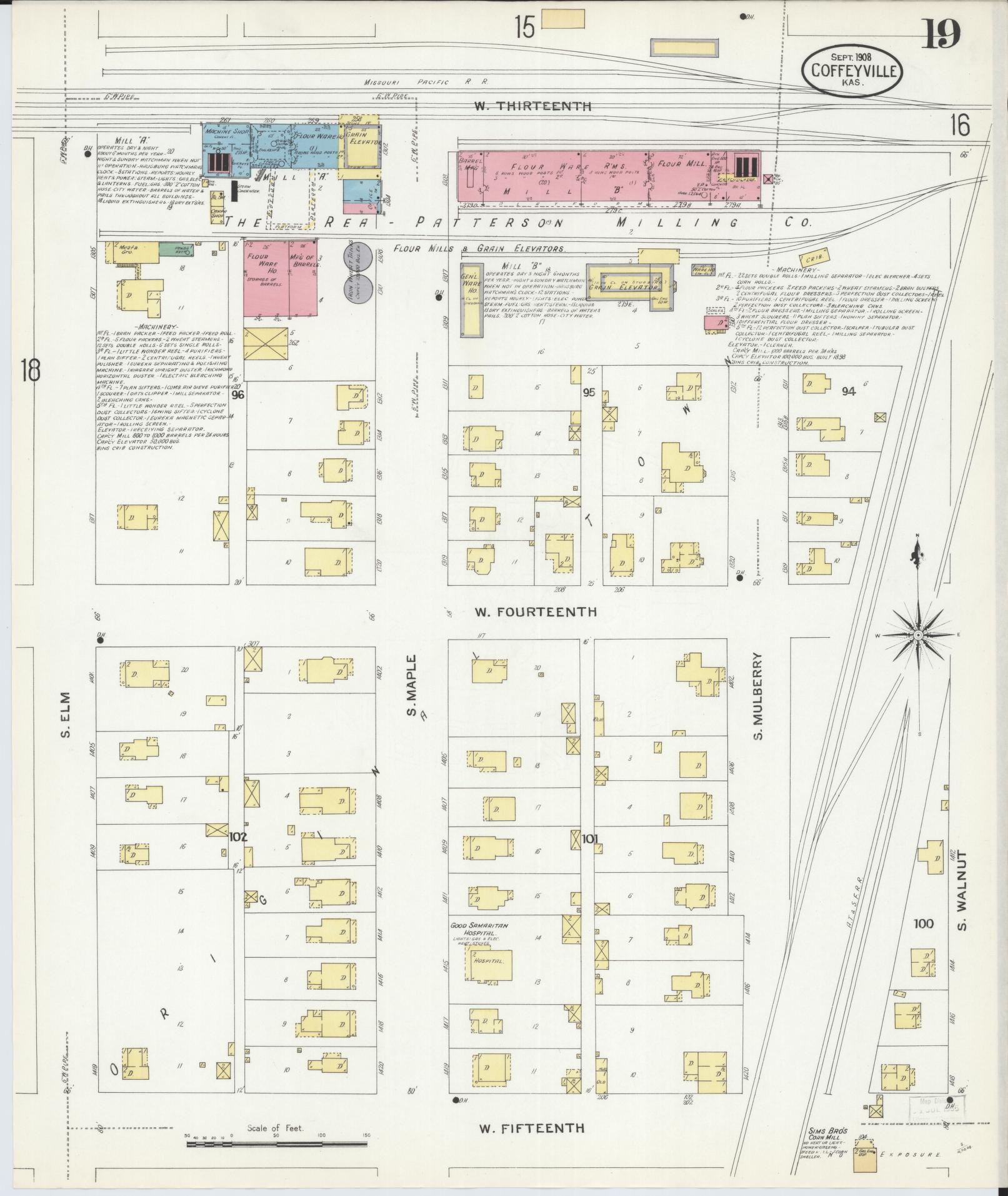 Sanborn Fire Insurance Map from Coffeyville, Montgomery County, Kansas (1908), Sheet #0019 - Historic Sanborn Fire Insurance Map Print, vintage old map wall art, antique decor, genealogy gift, Kansas Kansas map