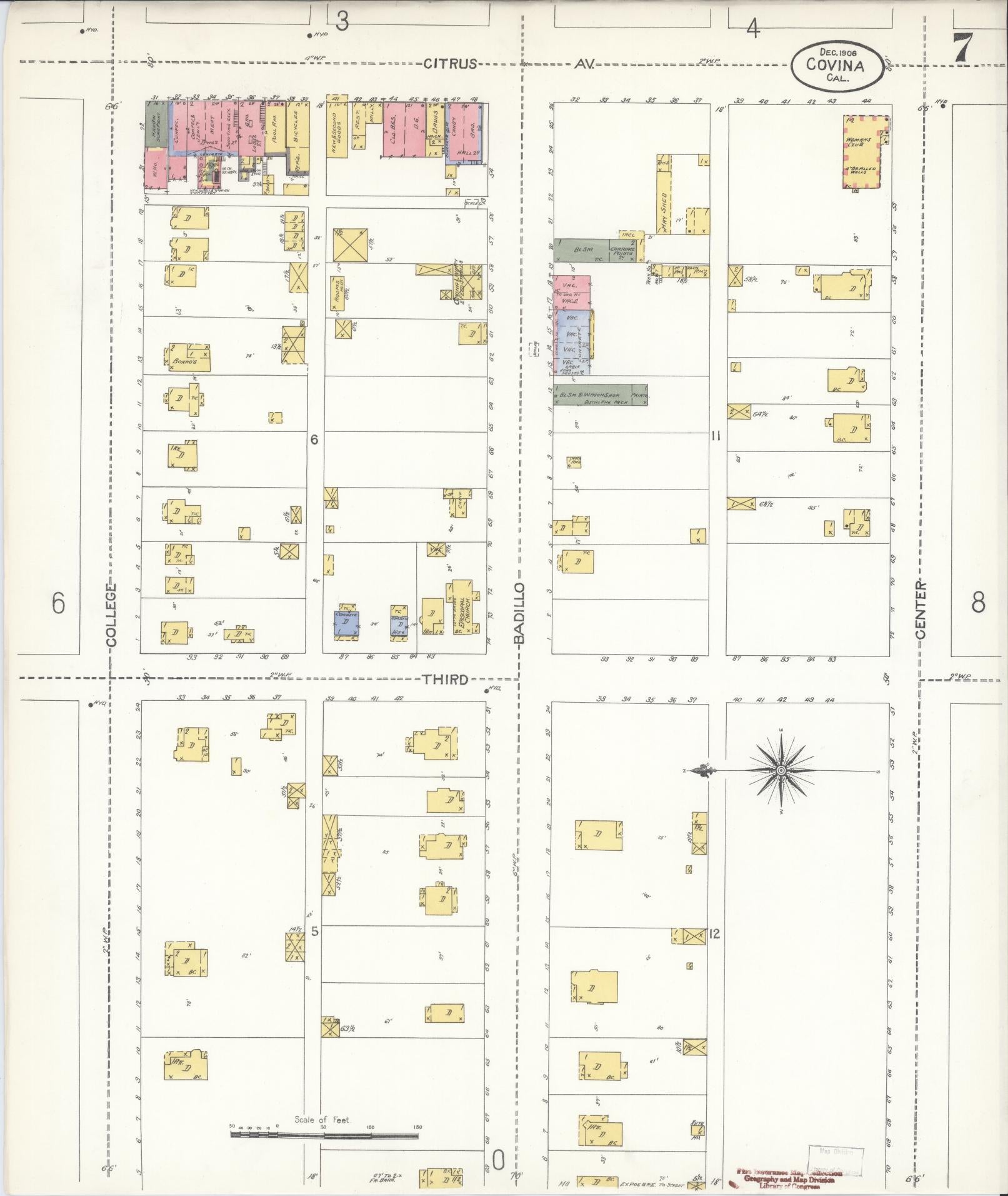 Sanborn Fire Insurance Map from Covina, Los Angeles County, California (1906), Sheet #0007 - Complete Map Set gallery image, historic Sanborn map, vintage wall art, California California
