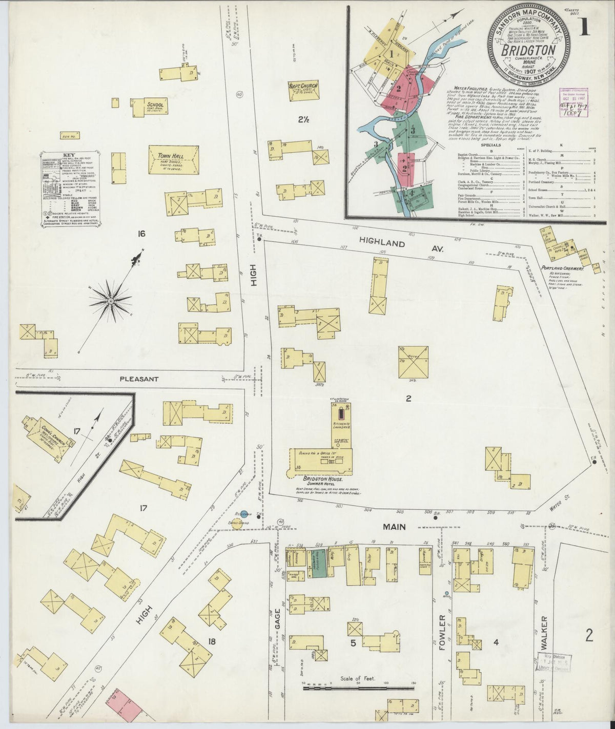 Sanborn Fire Insurance Map from Bridgton, Cumberland County, Maine (1907), Sheet #0001 - Complete Map Set gallery image, historic Sanborn map, vintage wall art, Maine Maine