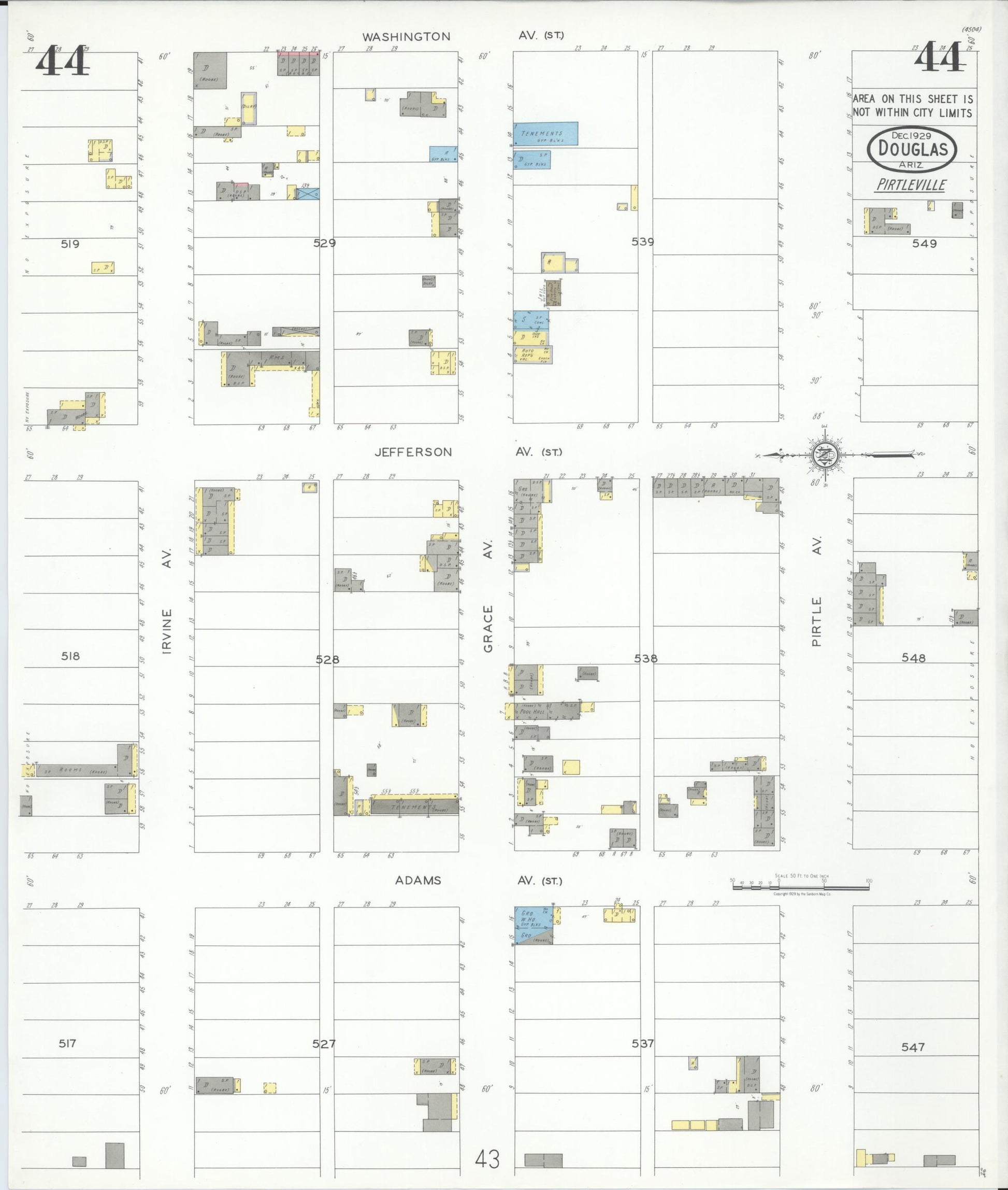 Sanborn Fire Insurance Map from Douglas, Cochise County, Arizona (1929), Sheet #0044 - Historic Sanborn Fire Insurance Map Print, vintage old map wall art, antique decor, genealogy gift, Arizona Arizona map