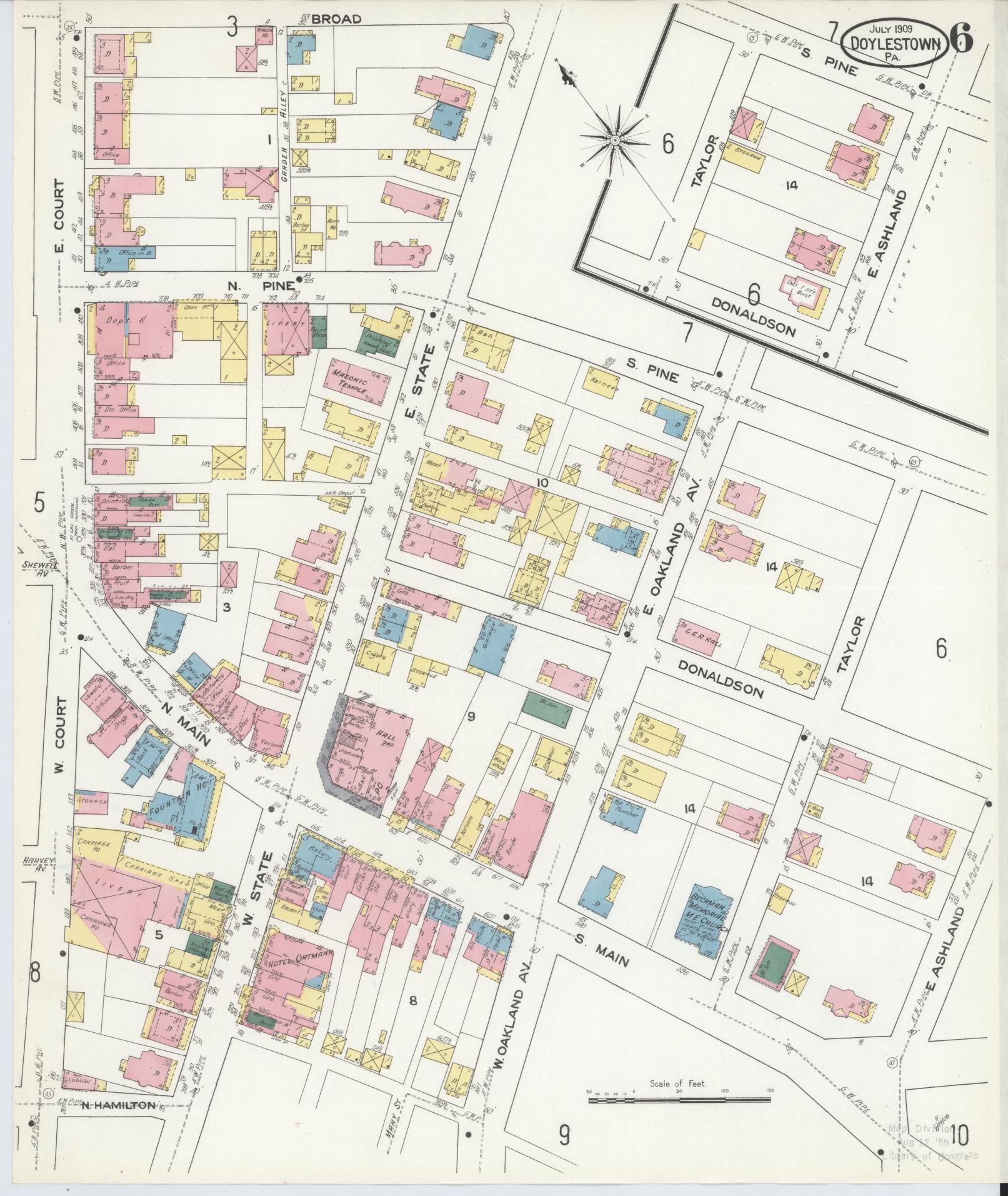 Sanborn Fire Insurance Map from Doylestown, Bucks County, Pennsylvania (1909), Sheet #0006 - Historic Sanborn Fire Insurance Map Print, vintage old map wall art, antique decor, genealogy gift, Pennsylvania Pennsylvania map