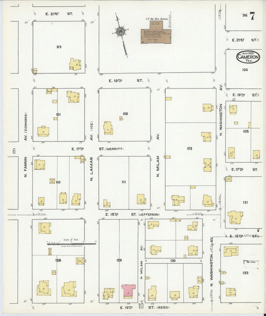 Sanborn Fire Insurance Map from Cameron, Milam County, Texas (1920), Sheet #0007 - Historic Sanborn Fire Insurance Map Print, vintage old map wall art, antique decor, genealogy gift, Texas Texas map
