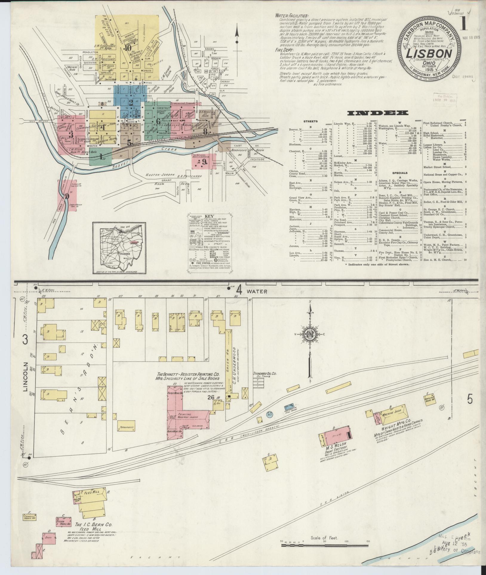 Sanborn Fire Insurance Map from Lisbon, Columbiana County, Ohio (1915), Sheet #0001 - Historic Sanborn Fire Insurance Map Print, vintage old map wall art, antique decor, genealogy gift, Ohio Ohio map