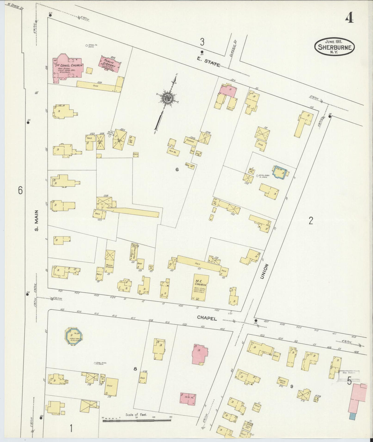 Sanborn Fire Insurance Map from Sherburne, Chenango County, New York (1911), Sheet #0004 - Historic Sanborn Fire Insurance Map Print, vintage old map wall art, antique decor, genealogy gift, New York New York map