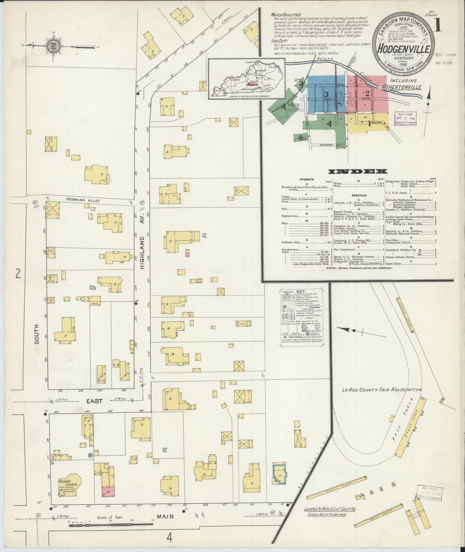 Sanborn Fire Insurance Map from Hodgenville, Larue County, Kentucky (1916), Sheet #0001 - Complete Map Set gallery image, historic Sanborn map, vintage wall art, Kentucky Kentucky
