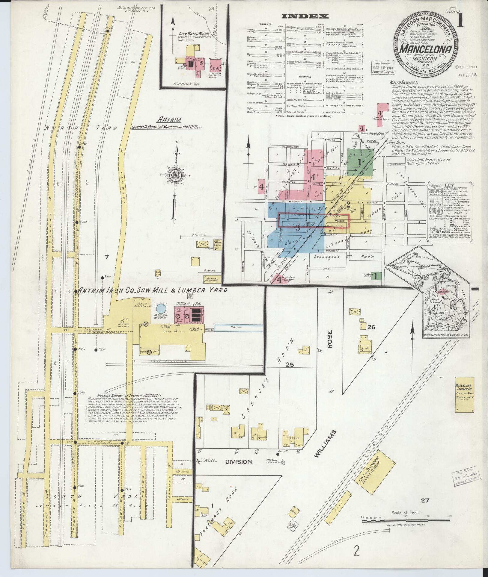 Sanborn Fire Insurance Map from Mancelona, Antrim County, Michigan (1917), Sheet #0001 - Complete Map Set gallery image, historic Sanborn map, vintage wall art, Michigan Michigan