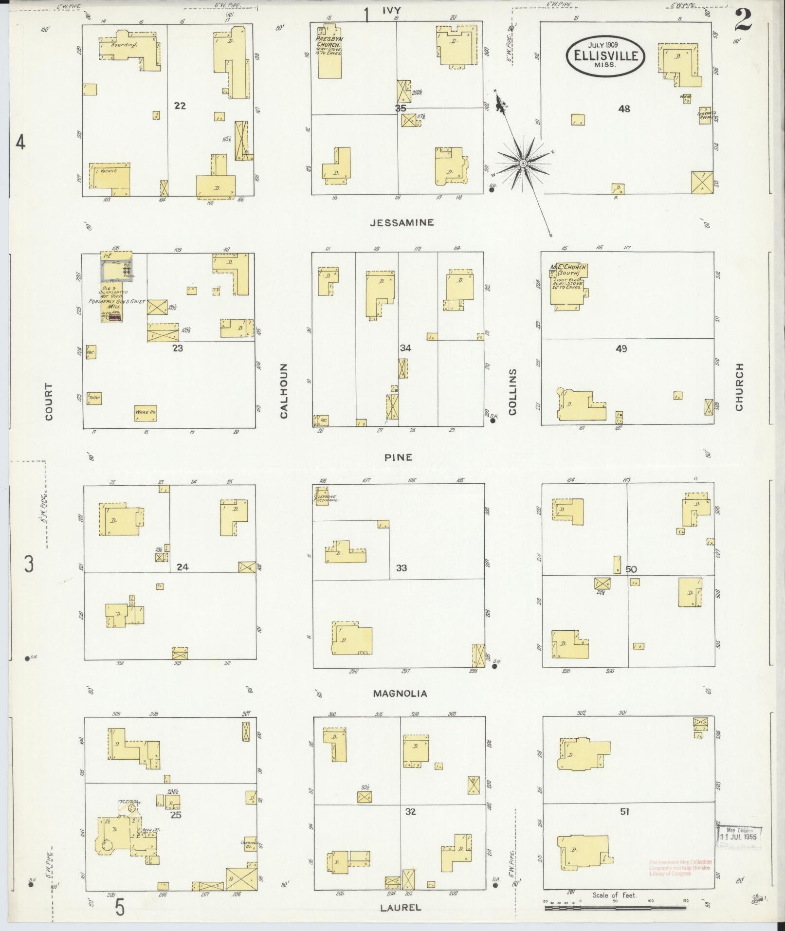 Sanborn Fire Insurance Map from Ellisville, Jones County, Mississippi (1909), Sheet #0002 - Complete Map Set gallery image, historic Sanborn map, vintage wall art, Mississippi Mississippi
