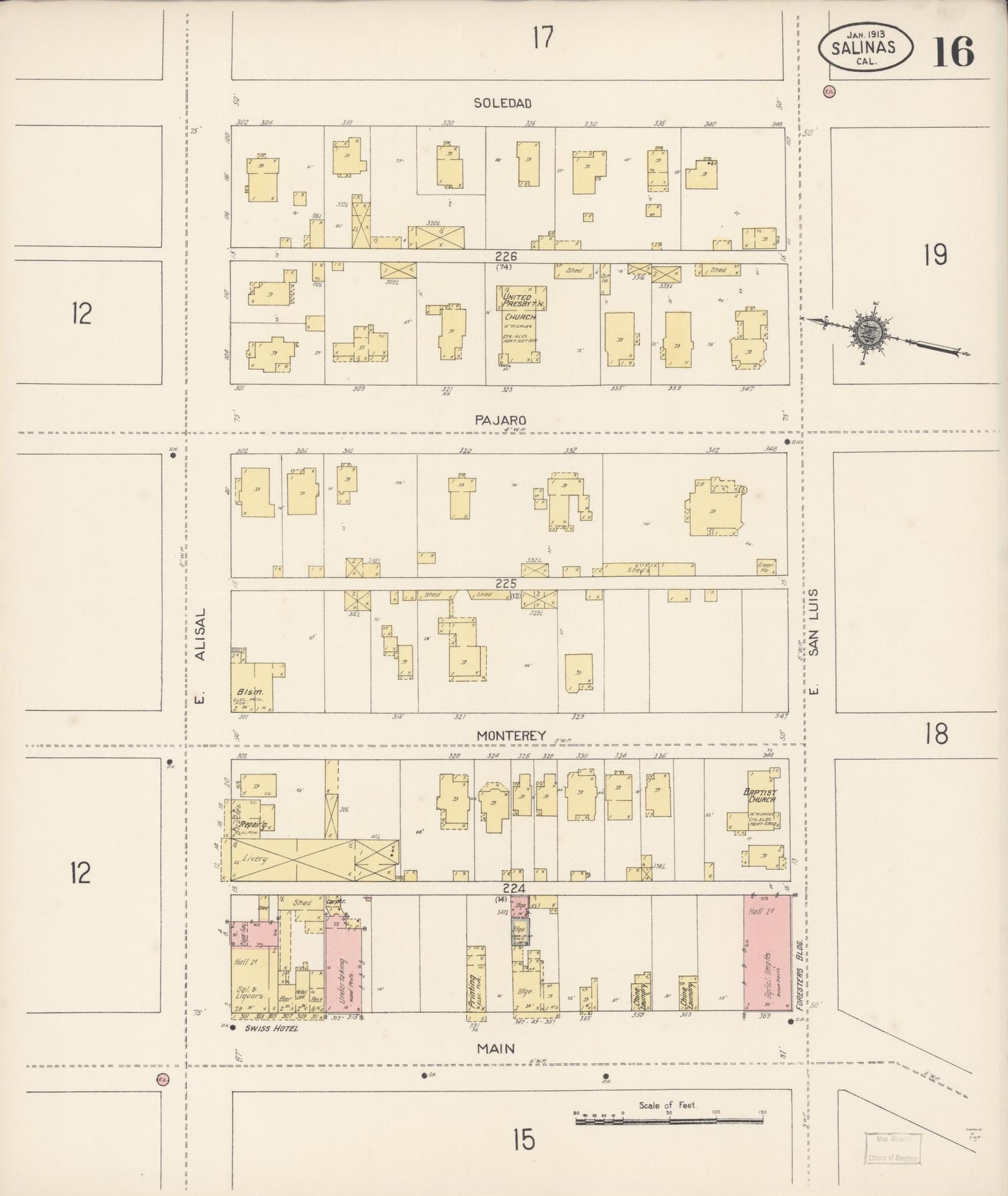 Sanborn Fire Insurance Map from Salinas, Monterey County, California (1913), Sheet #0016 - Complete Map Set gallery image, historic Sanborn map, vintage wall art, California California