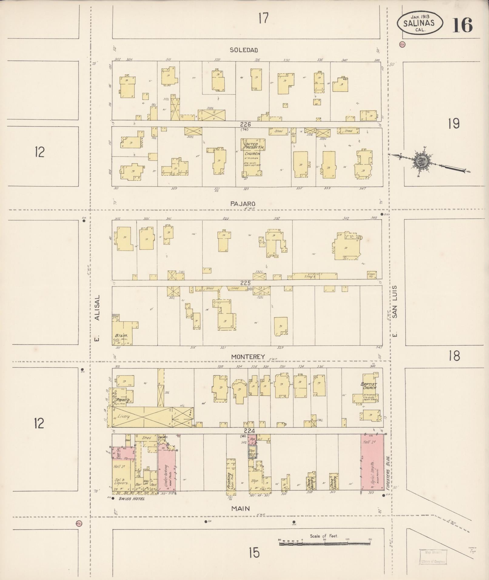 Sanborn Fire Insurance Map from Salinas, Monterey County, California (1913), Sheet #0016 - Complete Map Set gallery image, historic Sanborn map, vintage wall art, California California