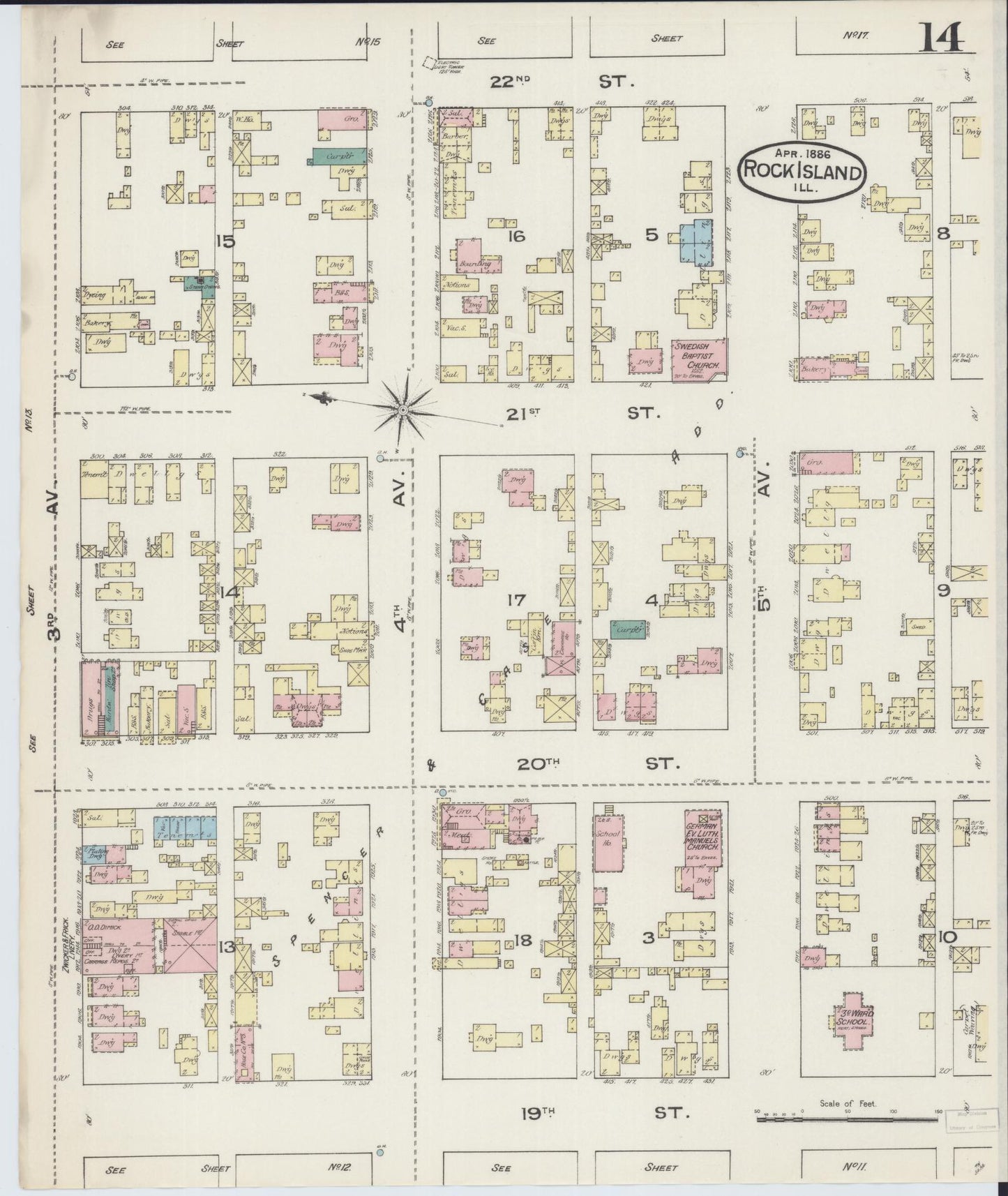 Sanborn Fire Insurance Map from Rock Island, Rock Island County, Illinois (1886), Sheet #0014 - Historic Sanborn Fire Insurance Map Print, vintage old map wall art, antique decor, genealogy gift, Illinois Illinois map