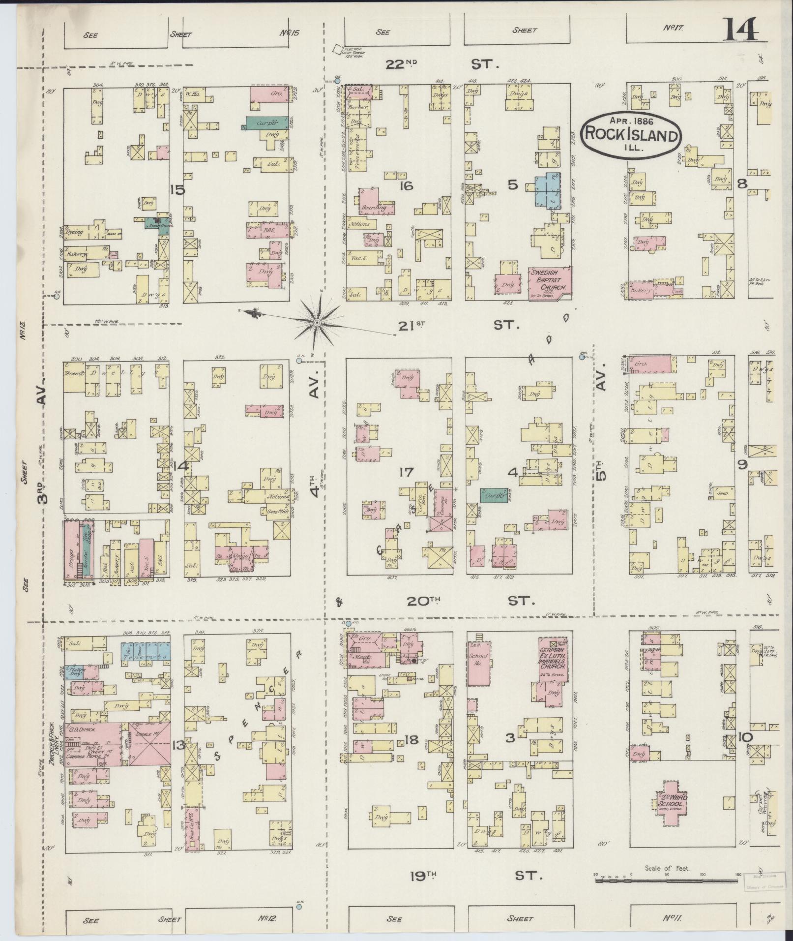 Sanborn Fire Insurance Map from Rock Island, Rock Island County, Illinois (1886), Sheet #0014 - Historic Sanborn Fire Insurance Map Print, vintage old map wall art, antique decor, genealogy gift, Illinois Illinois map