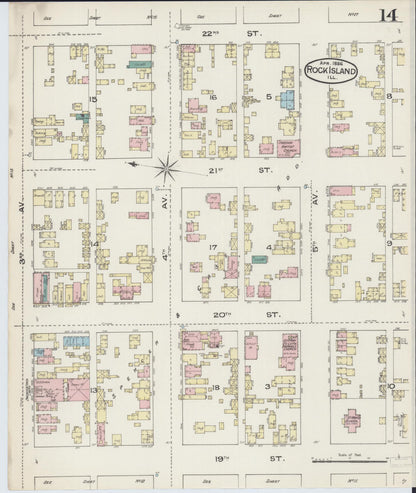 Sanborn Fire Insurance Map from Rock Island, Rock Island County, Illinois (1886), Sheet #0014 - Historic Sanborn Fire Insurance Map Print, vintage old map wall art, antique decor, genealogy gift, Illinois Illinois map