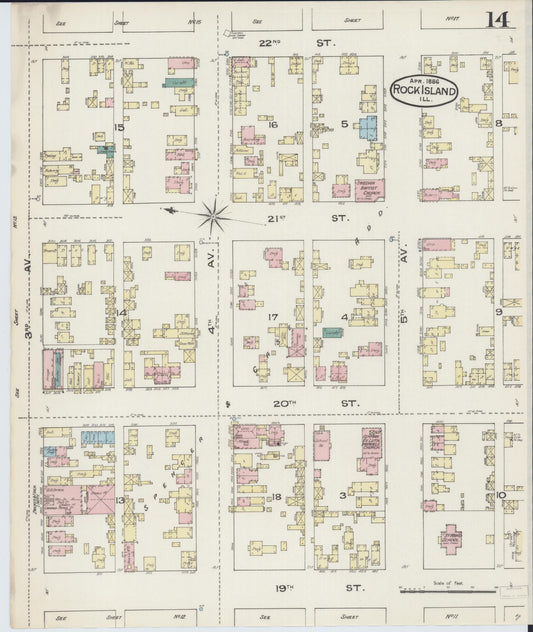 Sanborn Fire Insurance Map from Rock Island, Rock Island County, Illinois (1886), Sheet #0014 - Historic Sanborn Fire Insurance Map Print, vintage old map wall art, antique decor, genealogy gift, Illinois Illinois map