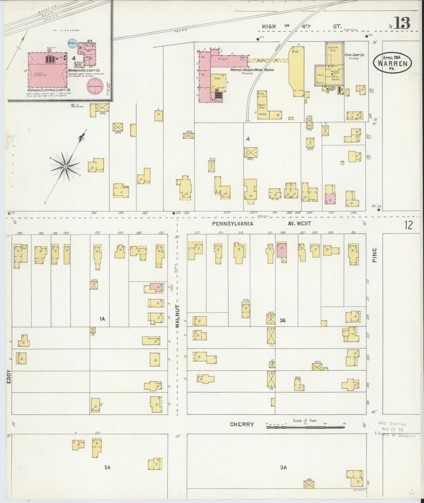 Sanborn Fire Insurance Map from Warren, Warren County, Pennsylvania (1904), Sheet #0013 - Historic Sanborn Fire Insurance Map Print, vintage old map wall art, antique decor, genealogy gift, Pennsylvania Pennsylvania map