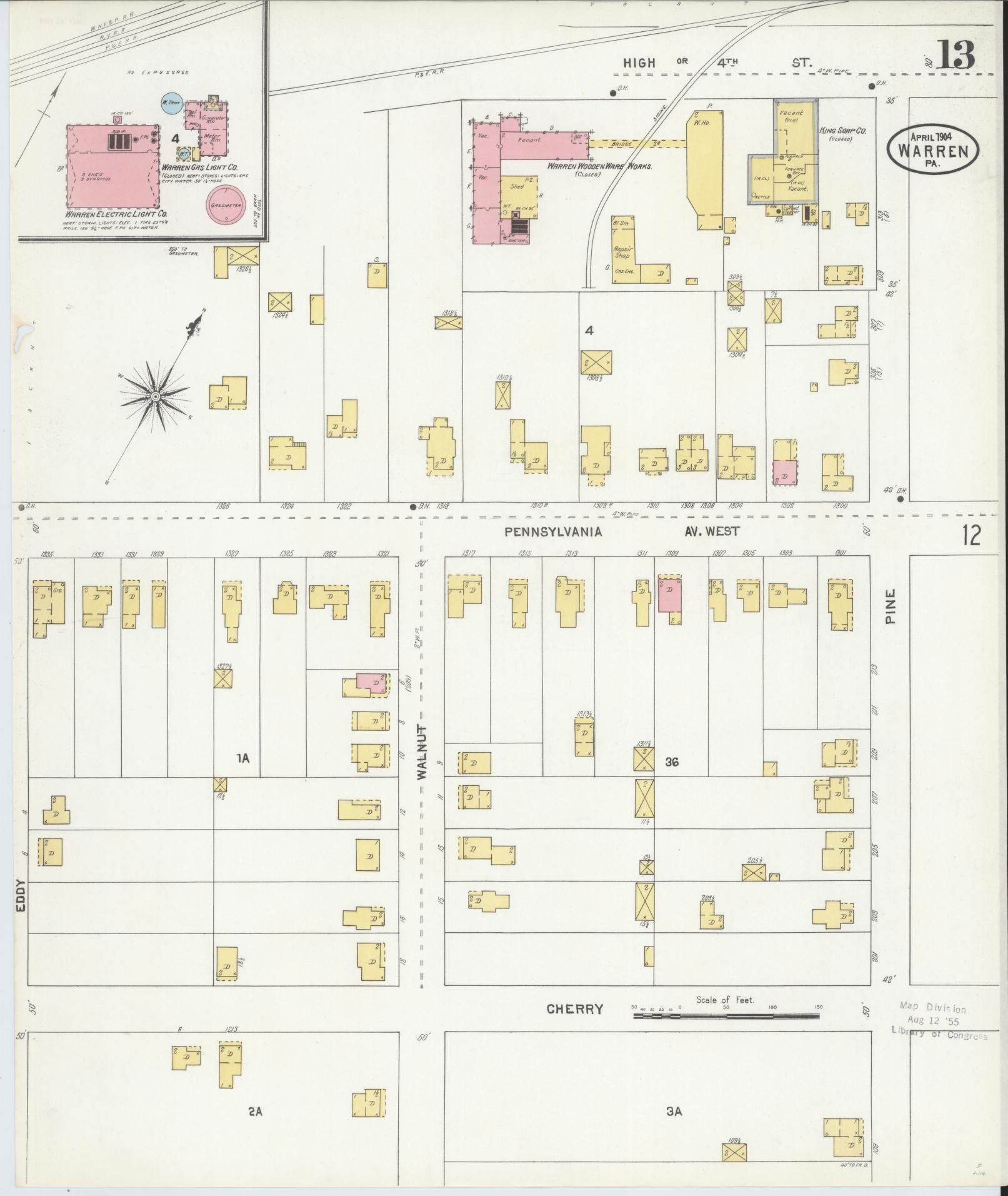 Sanborn Fire Insurance Map from Warren, Warren County, Pennsylvania (1904), Sheet #0013 - Historic Sanborn Fire Insurance Map Print, vintage old map wall art, antique decor, genealogy gift, Pennsylvania Pennsylvania map