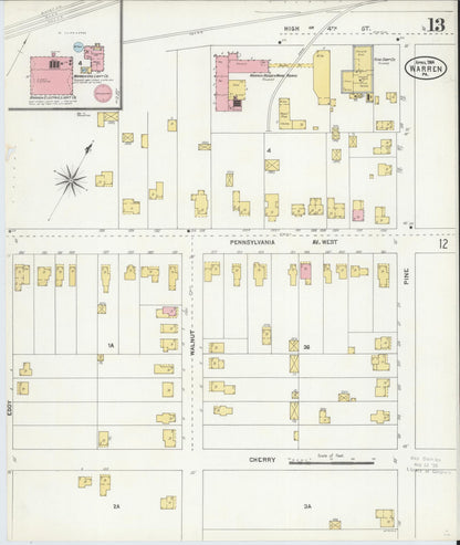 Sanborn Fire Insurance Map from Warren, Warren County, Pennsylvania (1904), Sheet #0013 - Historic Sanborn Fire Insurance Map Print, vintage old map wall art, antique decor, genealogy gift, Pennsylvania Pennsylvania map
