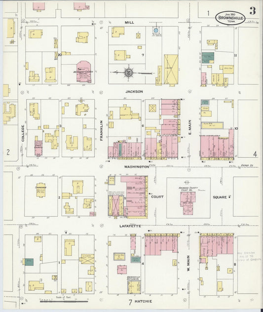 Sanborn Fire Insurance Map from Brownsville, Haywood County, Tennessee (1910), Sheet #0003 - Historic Sanborn Fire Insurance Map Print, vintage old map wall art, antique decor, genealogy gift, Tennessee Tennessee map