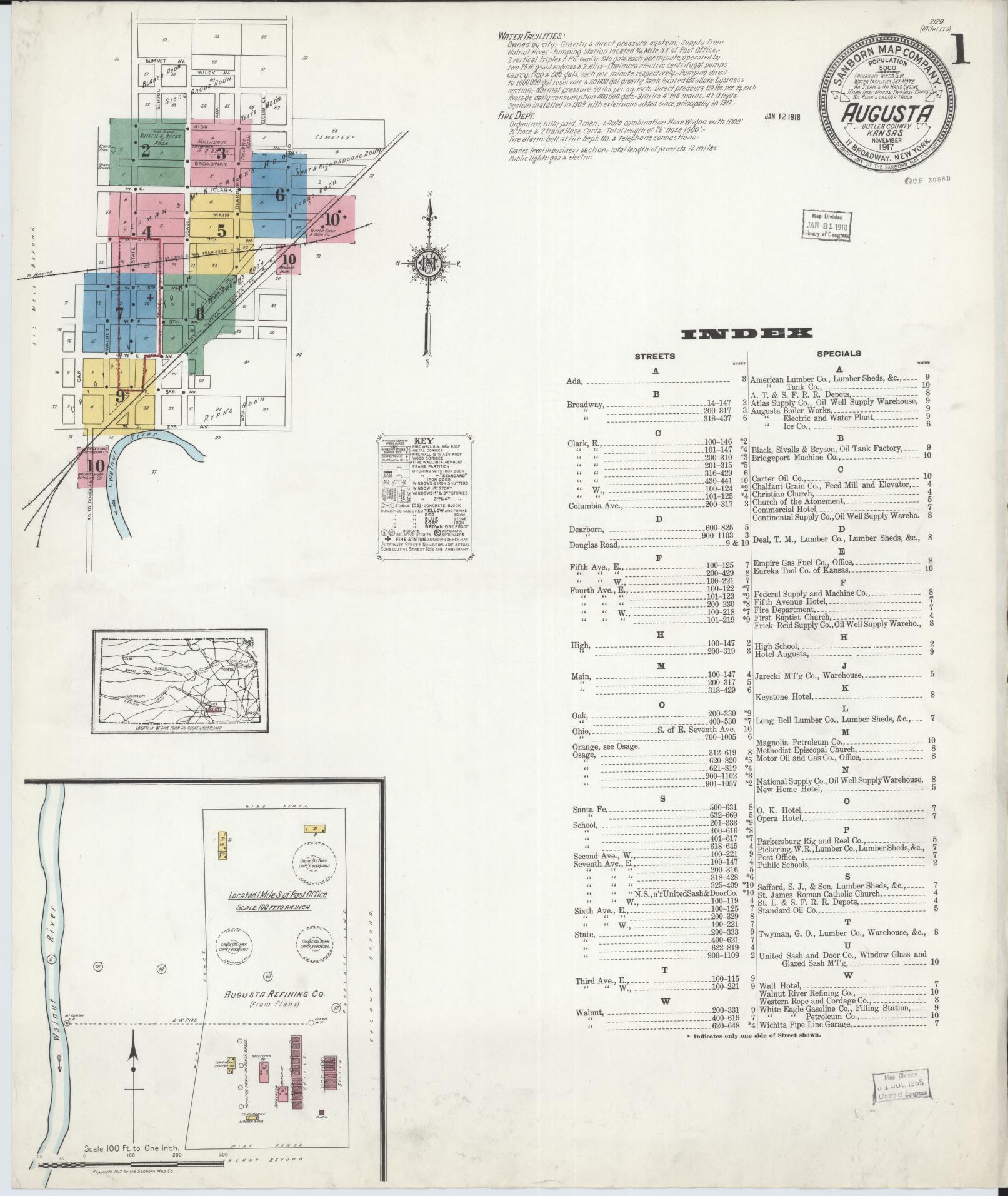 Sanborn Fire Insurance Map from Augusta, Butler County, Kansas (1917), Sheet #0001 - Complete Map Set gallery image, historic Sanborn map, vintage wall art, Kansas Kansas