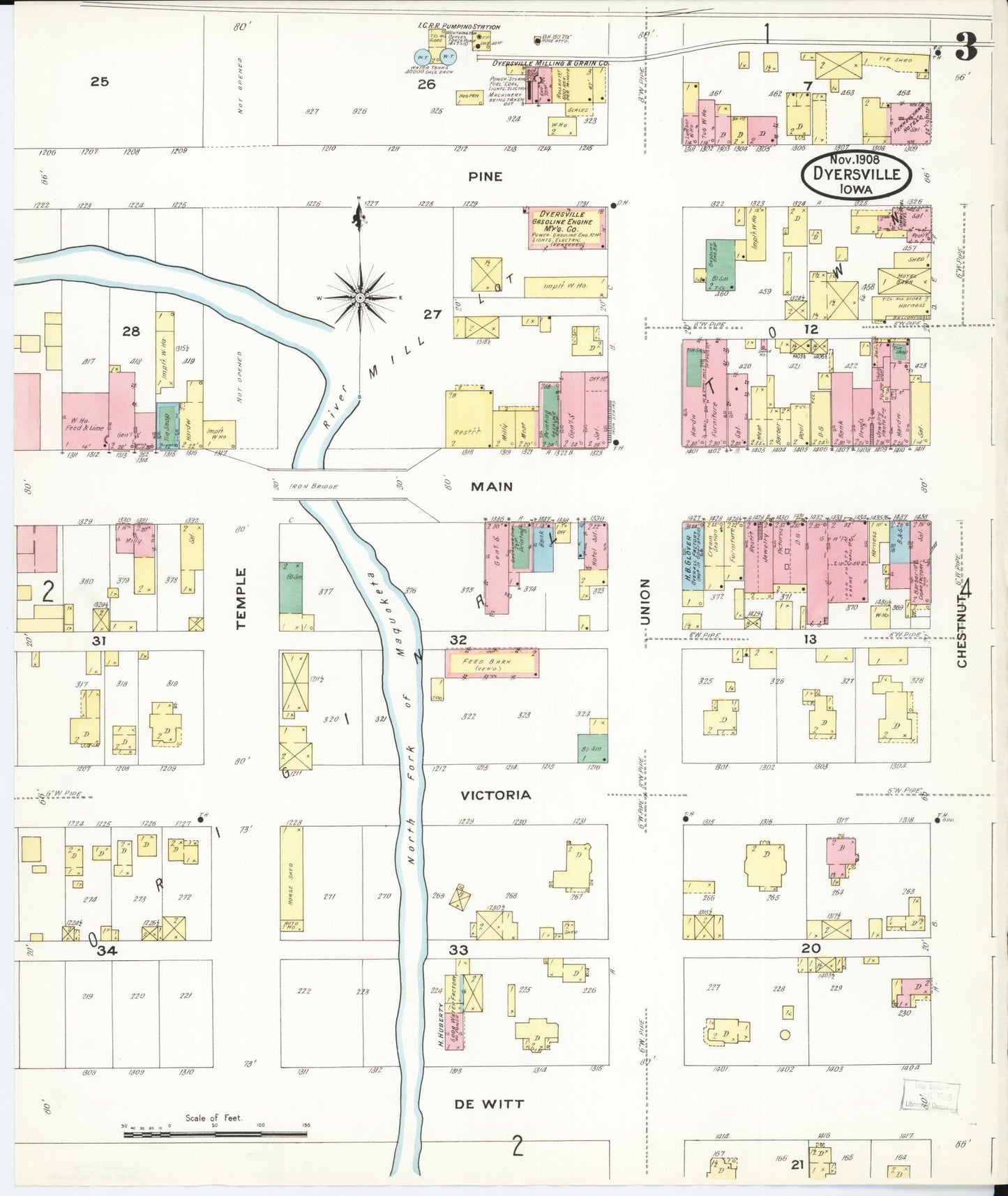 Sanborn Fire Insurance Map from Dyersville, Dubuque County, Iowa (1908), Sheet #0003 - Historic Sanborn Fire Insurance Map Print, vintage old map wall art