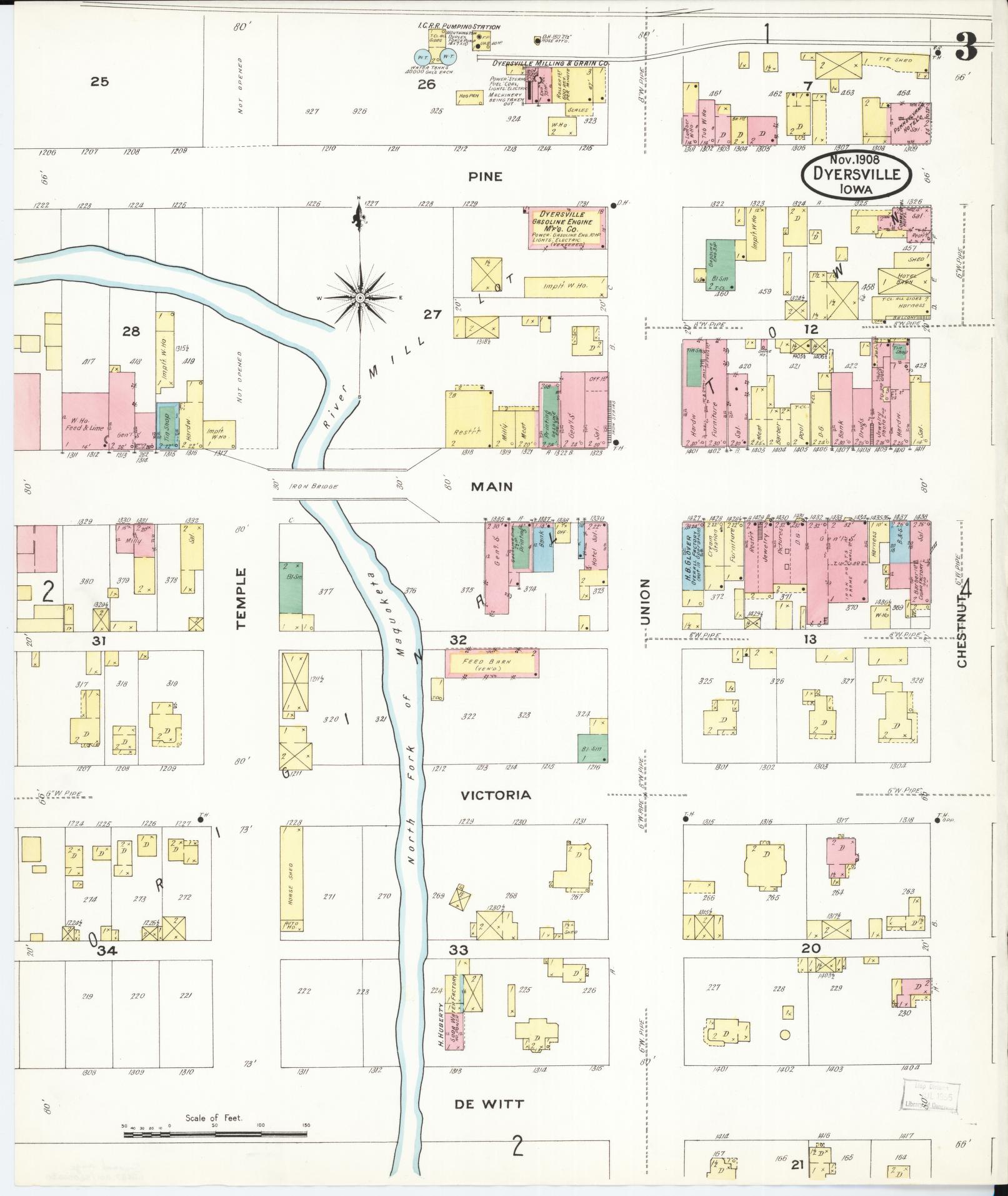 Sanborn Fire Insurance Map from Dyersville, Dubuque County, Iowa (1908), Sheet #0003 - Historic Sanborn Fire Insurance Map Print, vintage old map wall art