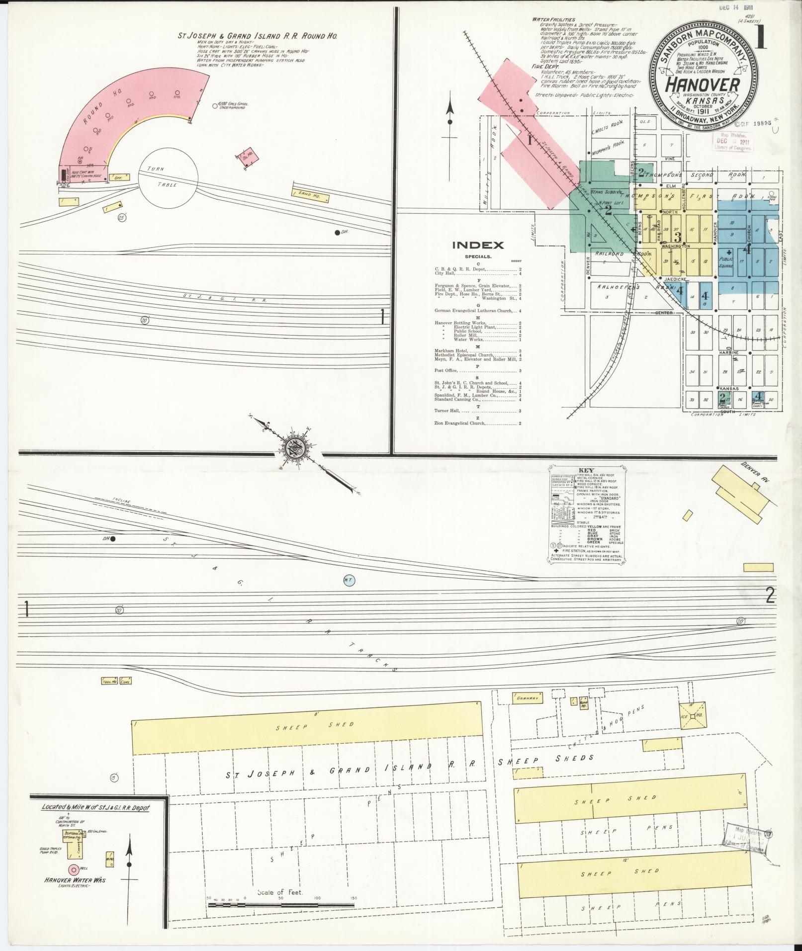 Sanborn Fire Insurance Map from Hanover, Washington County, Kansas (1911), Sheet #0001 - Complete Map Set gallery image, historic Sanborn map, vintage wall art, Kansas Kansas