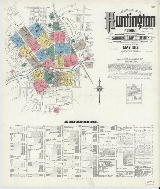 Sanborn Fire Insurance Map from Huntington, Huntington County, Indiana (1912), Sheet #0001 - Historic Sanborn Fire Insurance Map Print, vintage old map wall art, antique decor, genealogy gift, Indiana Indiana map