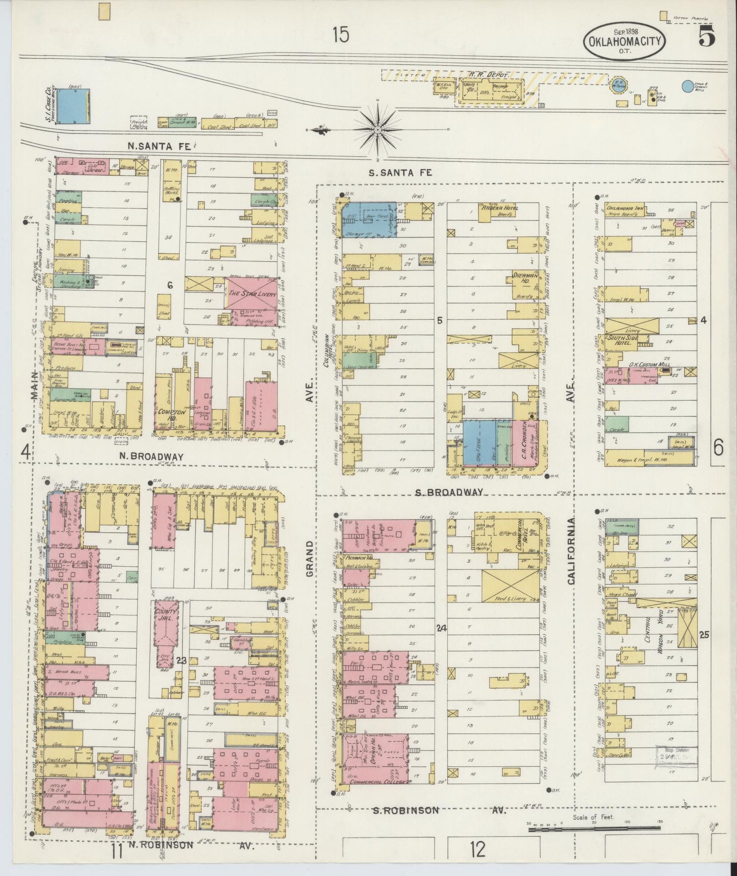 Sanborn Fire Insurance Map from Oklahoma City, Oklahoma County, Oklahoma (1898), Sheet #0005 - Complete Map Set gallery image, historic Sanborn map, vintage wall art, Oklahoma City Oklahoma
