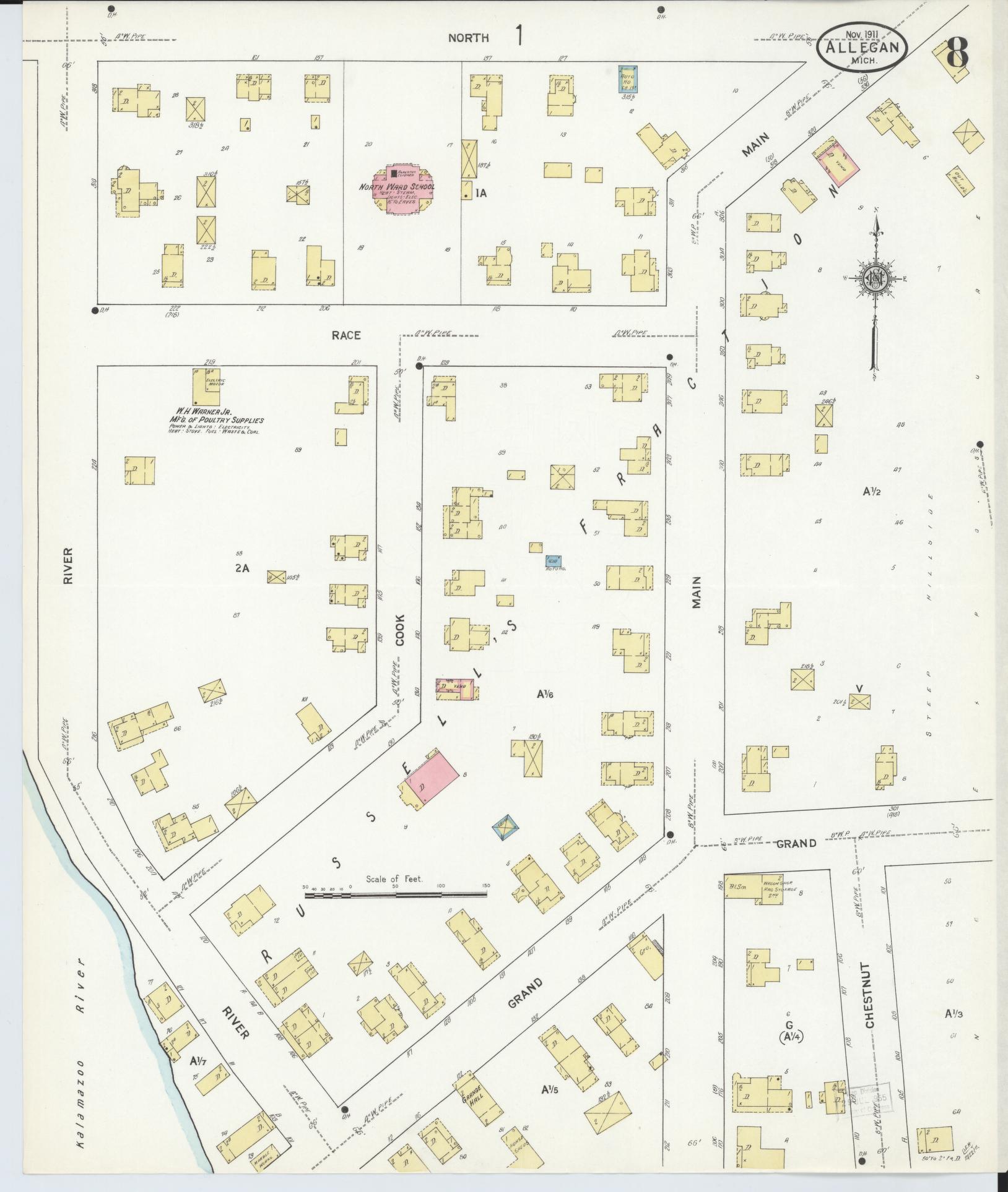 Sanborn Fire Insurance Map from Allegan, Allegan County, Michigan (1911), Sheet #0008 - Historic Sanborn Fire Insurance Map Print, vintage old map wall art, antique decor, genealogy gift, Michigan Michigan map