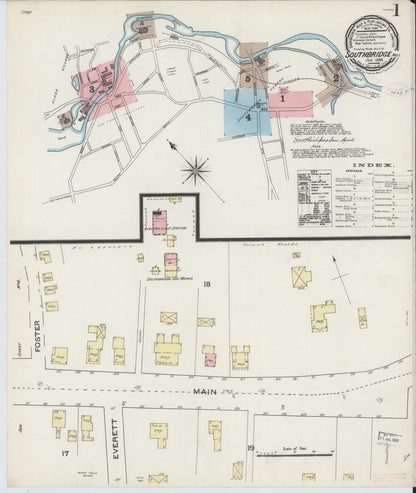 Sanborn Fire Insurance Map from Southbridge, Worcester County, Massachusetts (1888), Sheet #0001 - Historic Sanborn Fire Insurance Map Print, vintage old map wall art, antique decor, genealogy gift, Massachusetts Massachusetts map