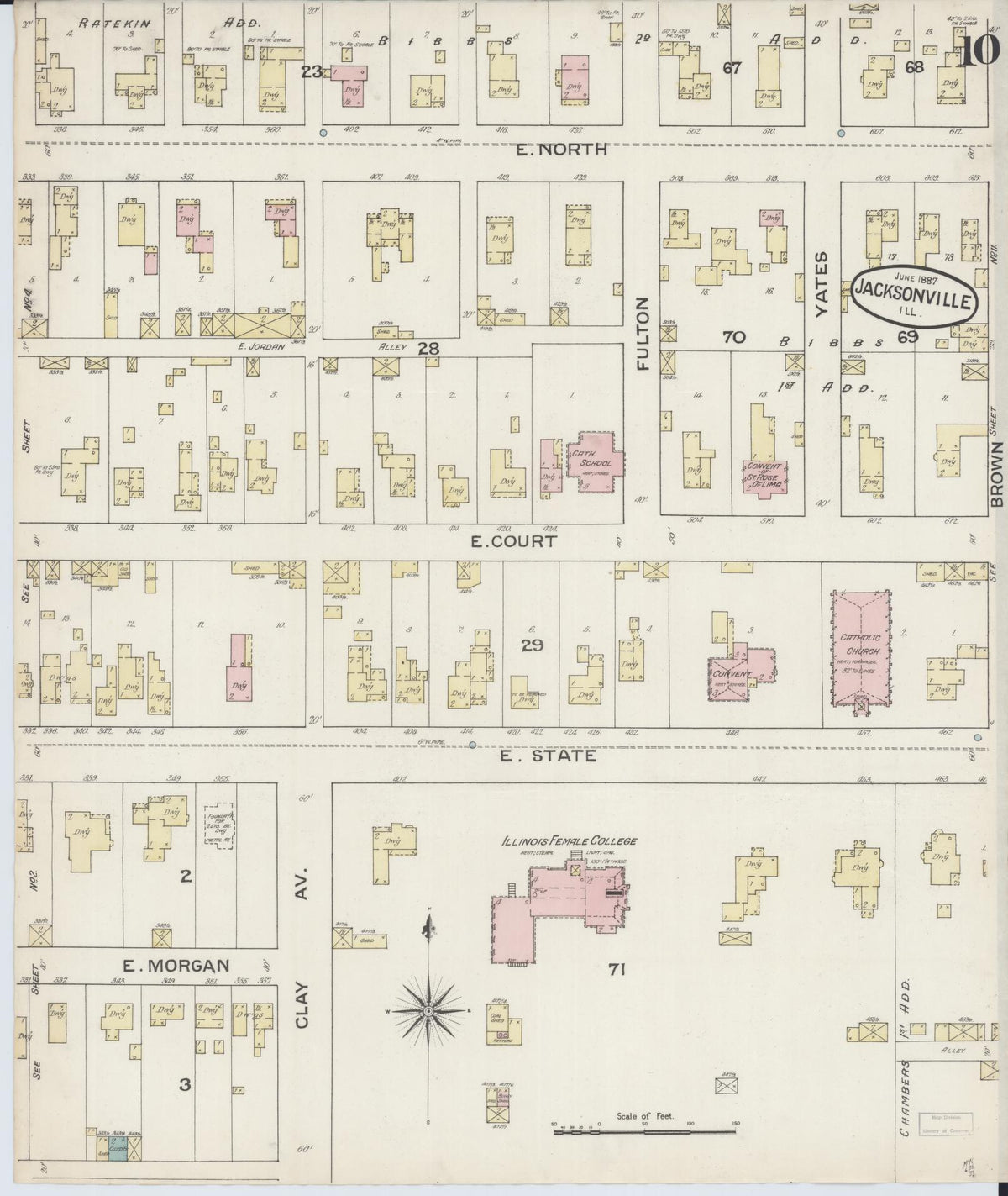 Sanborn Fire Insurance Map from Jacksonville, Morgan County, Illinois (1887), Sheet #0010 - Historic Sanborn Fire Insurance Map Print, vintage old map wall art, antique decor, genealogy gift, Illinois Illinois map
