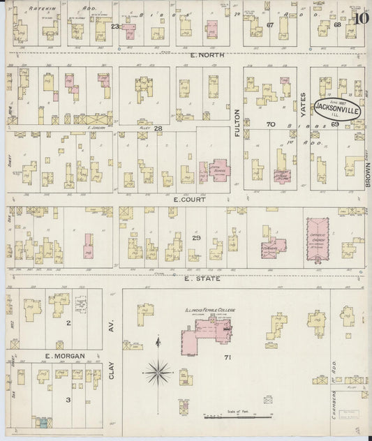 Sanborn Fire Insurance Map from Jacksonville, Morgan County, Illinois (1887), Sheet #0010 - Historic Sanborn Fire Insurance Map Print, vintage old map wall art, antique decor, genealogy gift, Illinois Illinois map