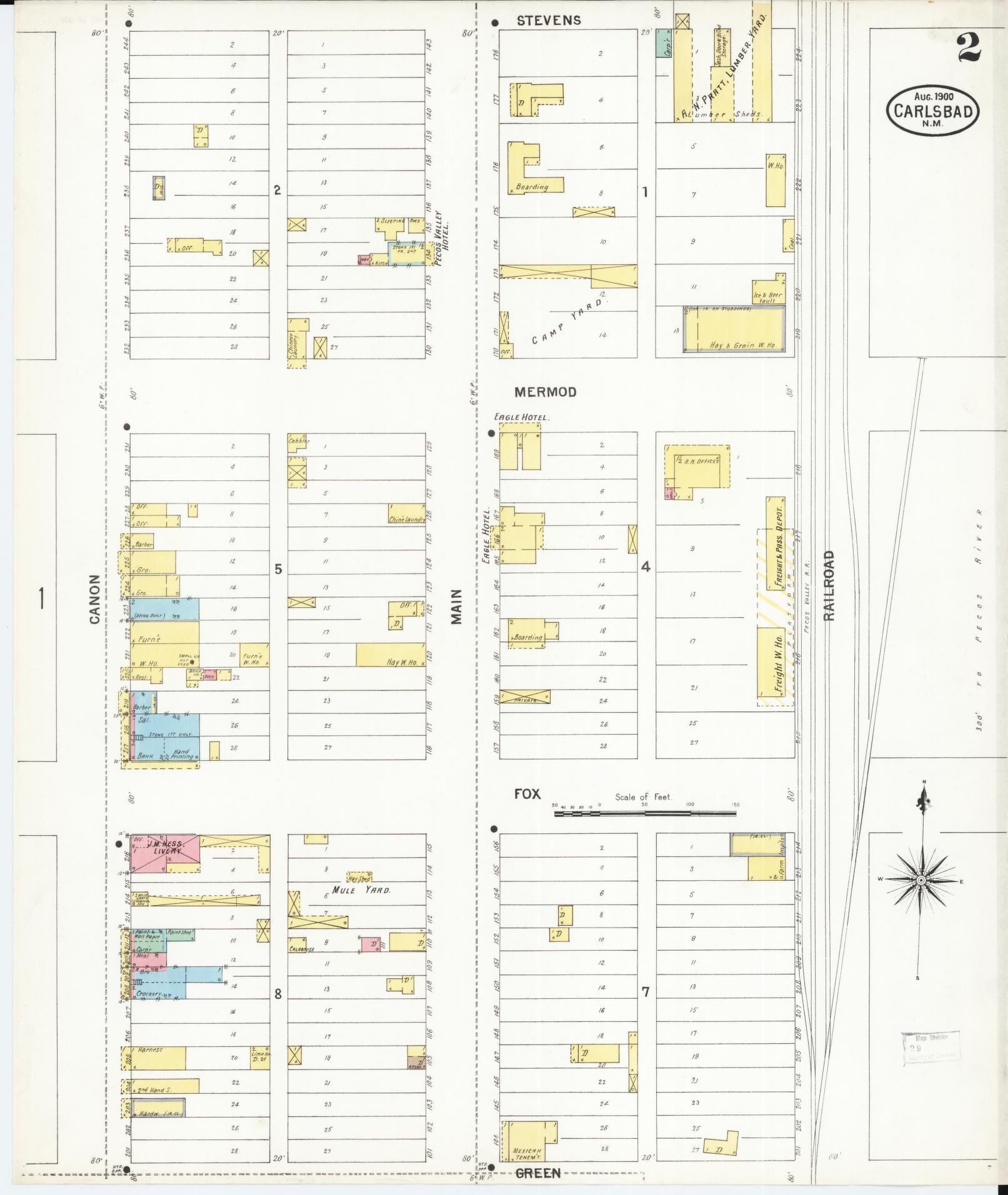 Sanborn Fire Insurance Map from Carlsbad, Eddy County, New Mexico (1900), Sheet #0002 - Historic Sanborn Fire Insurance Map Print, vintage old map wall art, antique decor, genealogy gift, New Mexico New Mexico map