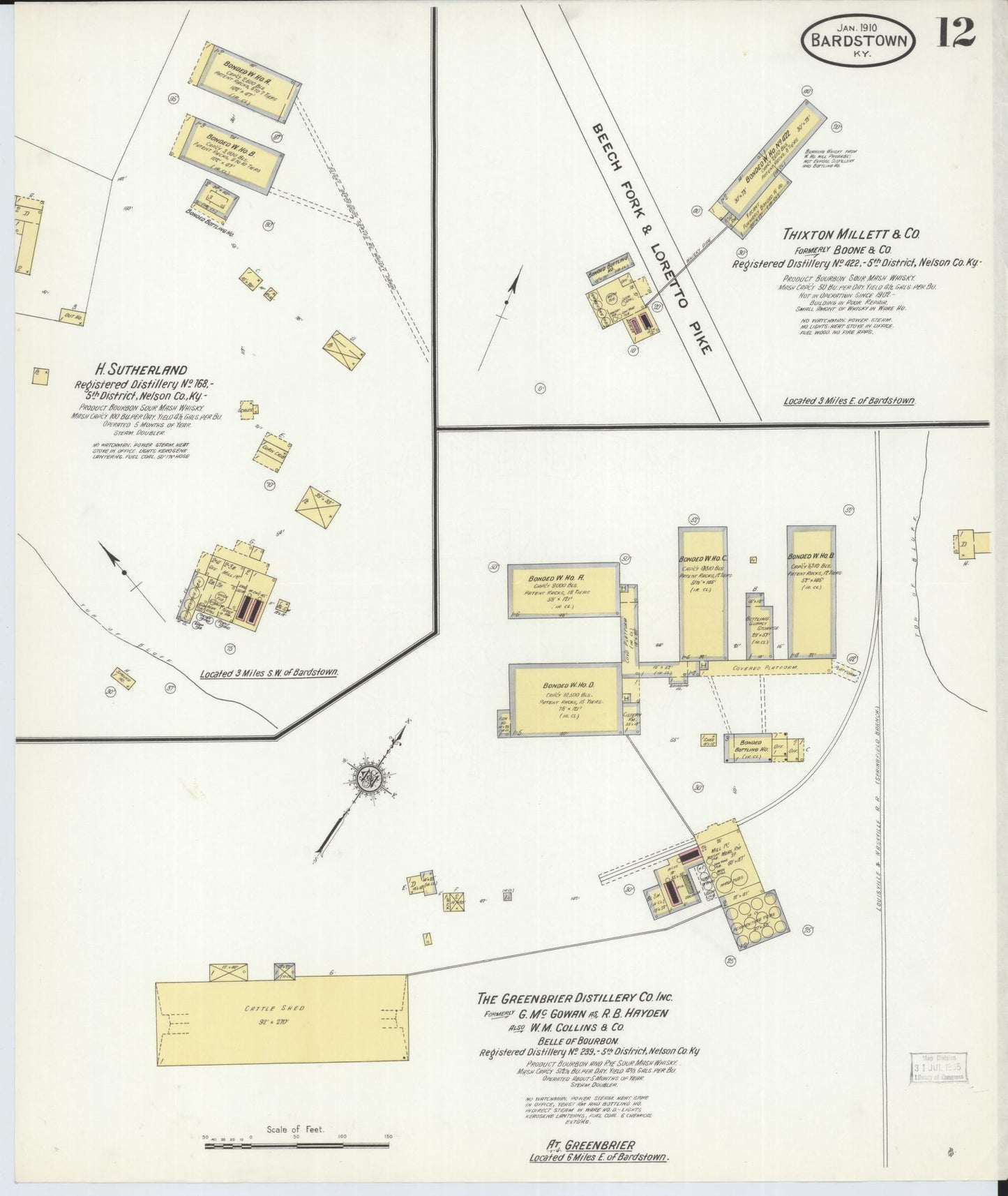 Sanborn Fire Insurance Map from Bardstown, Nelson County, Kentucky (1910), Sheet #0012 - Complete Map Set gallery image, historic Sanborn map, vintage wall art, Kentucky Kentucky