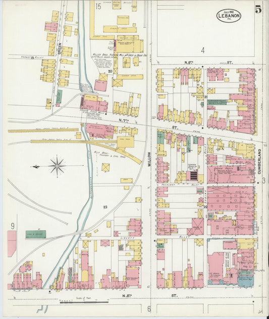 Sanborn Fire Insurance Map from Lebanon, Lebanon County, Pennsylvania (1902), Sheet #0005 - Historic Sanborn Fire Insurance Map Print, vintage old map wall art, antique decor, genealogy gift, Pennsylvania Pennsylvania map