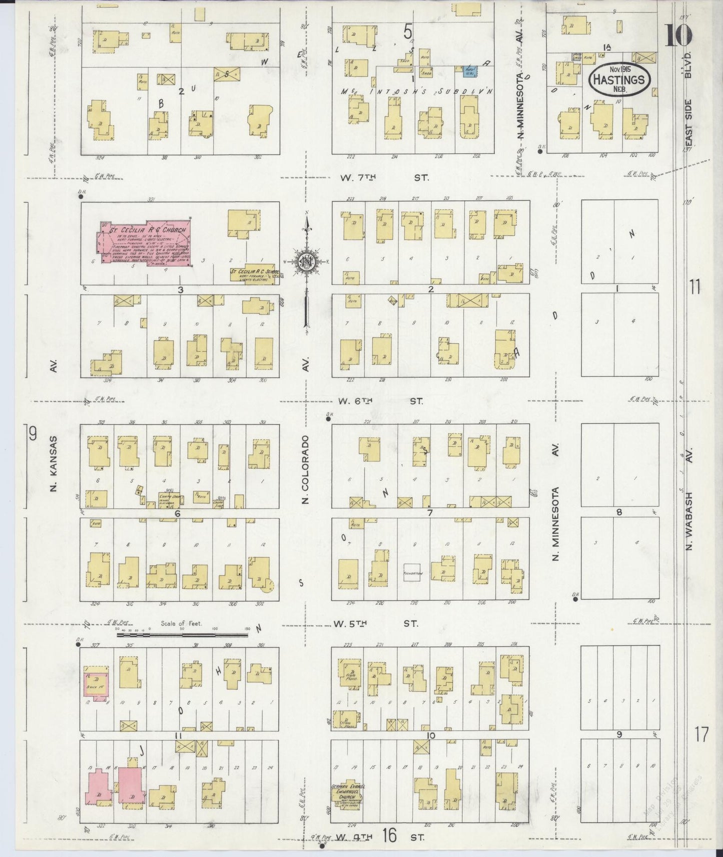 Sanborn Fire Insurance Map from Hastings, Adams County, Nebraska (1915), Sheet #0010 - Historic Sanborn Fire Insurance Map Print, vintage old map wall art, antique decor, genealogy gift, Nebraska Nebraska map