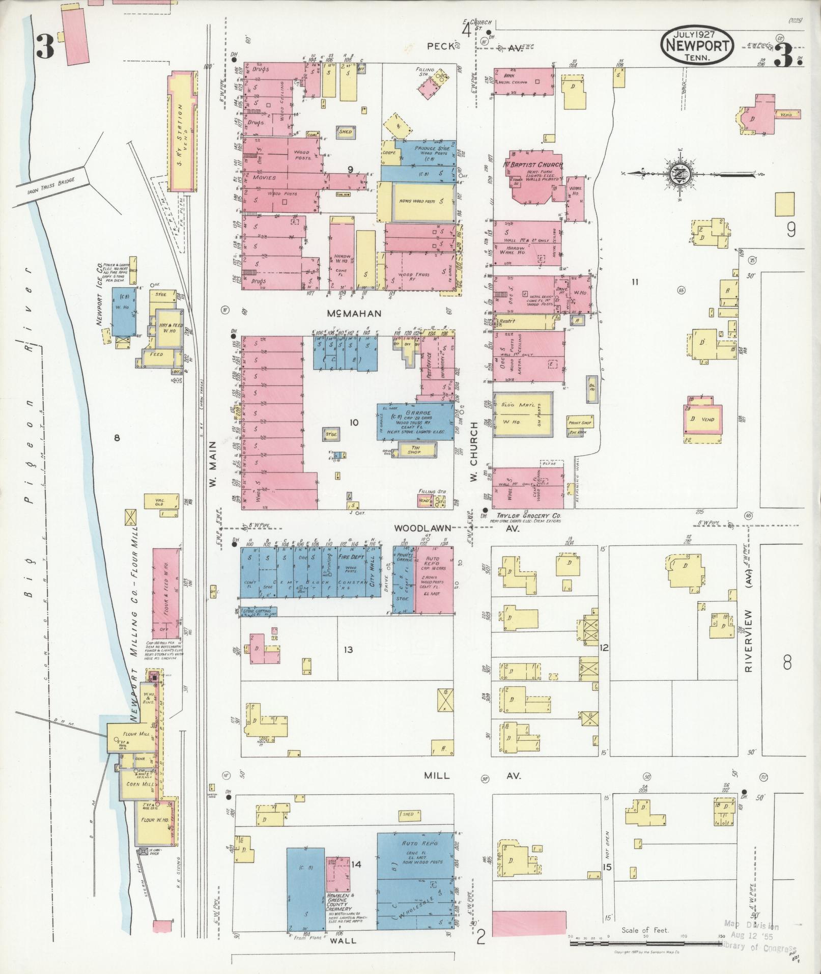 Sanborn Fire Insurance Map from Newport, Cocke County, Tennessee (1927), Sheet #0003 - Historic Sanborn Fire Insurance Map Print, vintage old map wall art, antique decor, genealogy gift, Tennessee Tennessee map