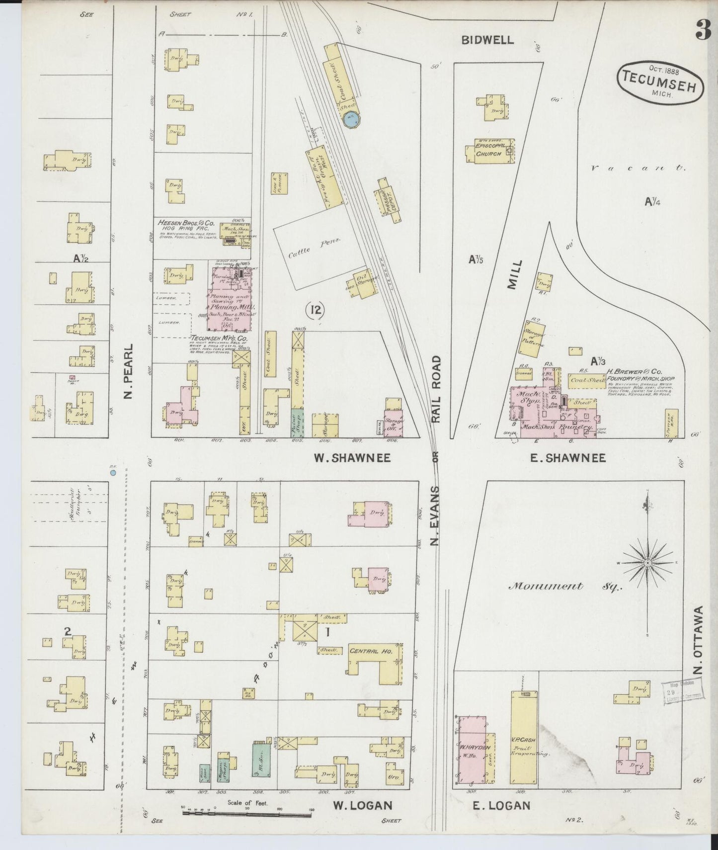 Sanborn Fire Insurance Map from Tecumseh, Lenawee County, Michigan (1888), Sheet #0003 - Historic Sanborn Fire Insurance Map Print, vintage old map wall art, antique decor, genealogy gift, Michigan Michigan map