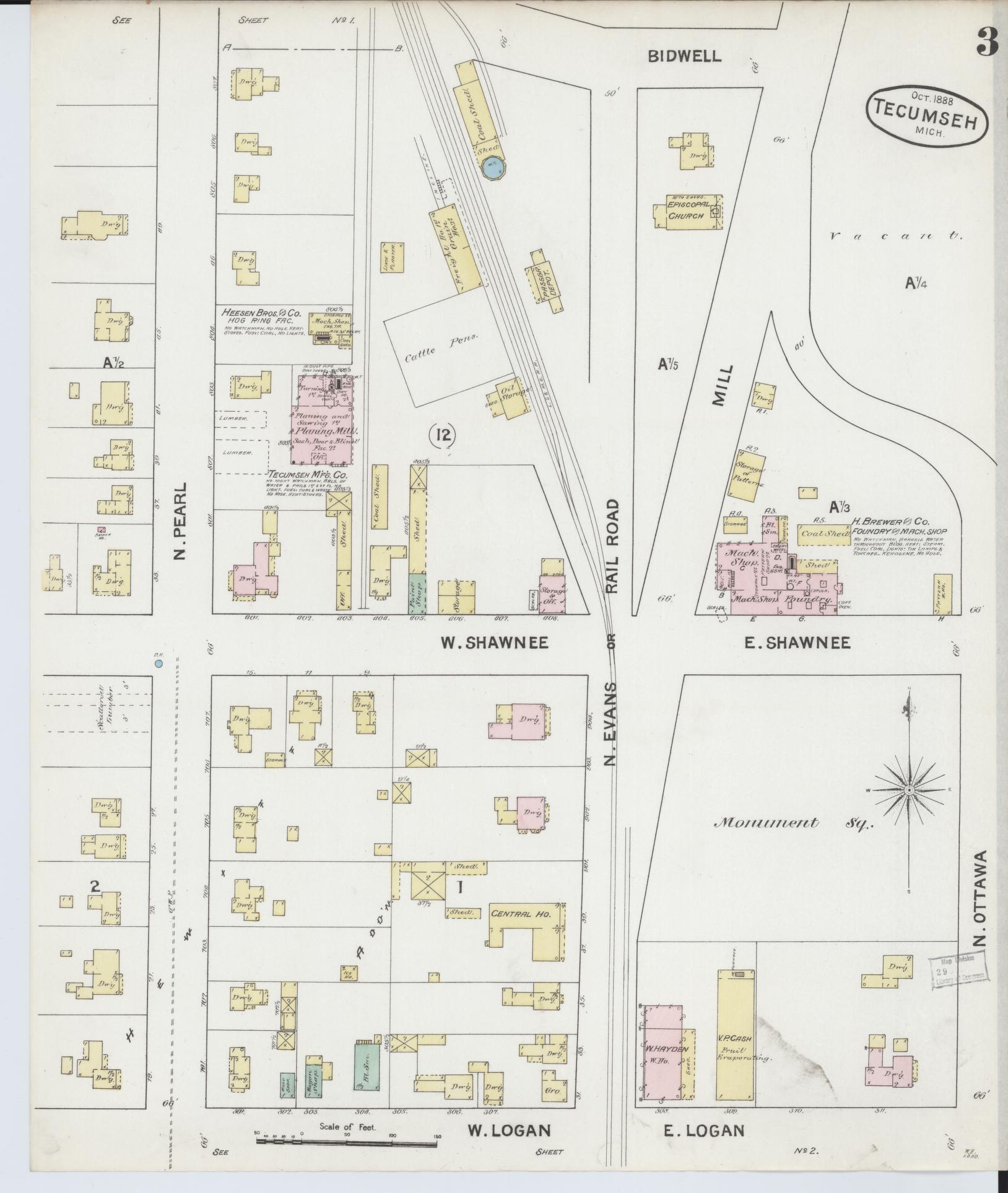 Sanborn Fire Insurance Map from Tecumseh, Lenawee County, Michigan (1888), Sheet #0003 - Historic Sanborn Fire Insurance Map Print, vintage old map wall art, antique decor, genealogy gift, Michigan Michigan map
