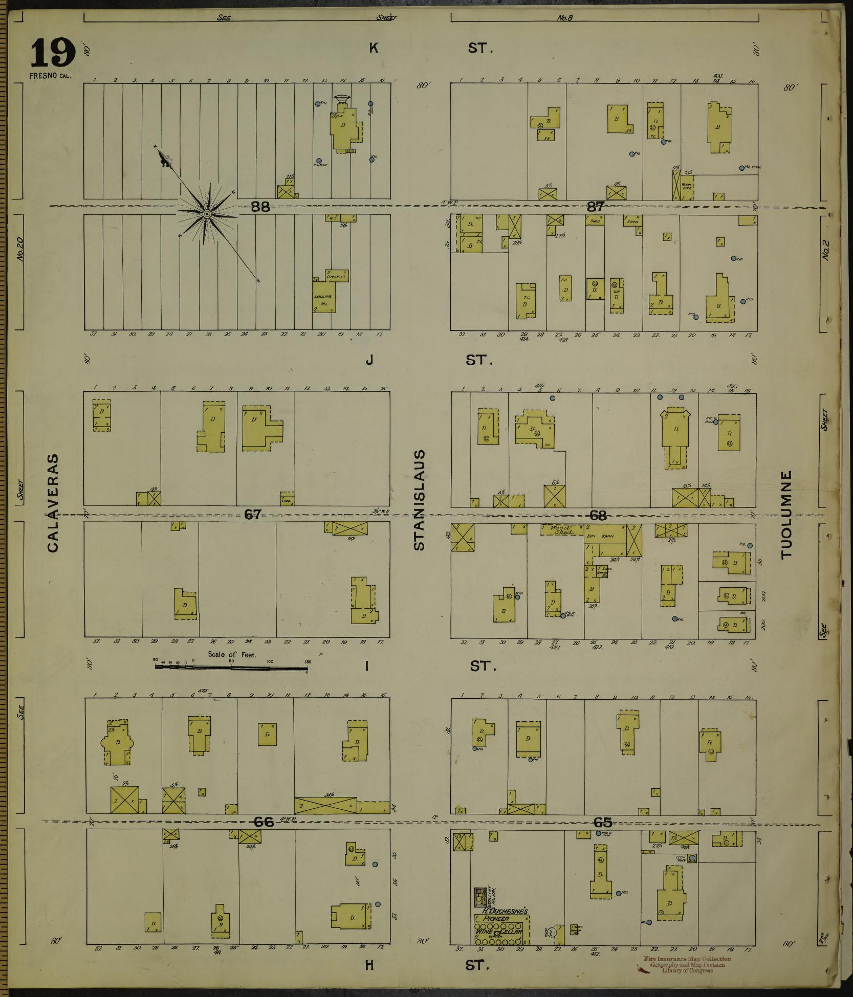 Sanborn Fire Insurance Map from Fresno, Fresno County, California (1888), Sheet #0019 - Historic Sanborn Fire Insurance Map Print, vintage old map wall art, antique decor, genealogy gift, California California map