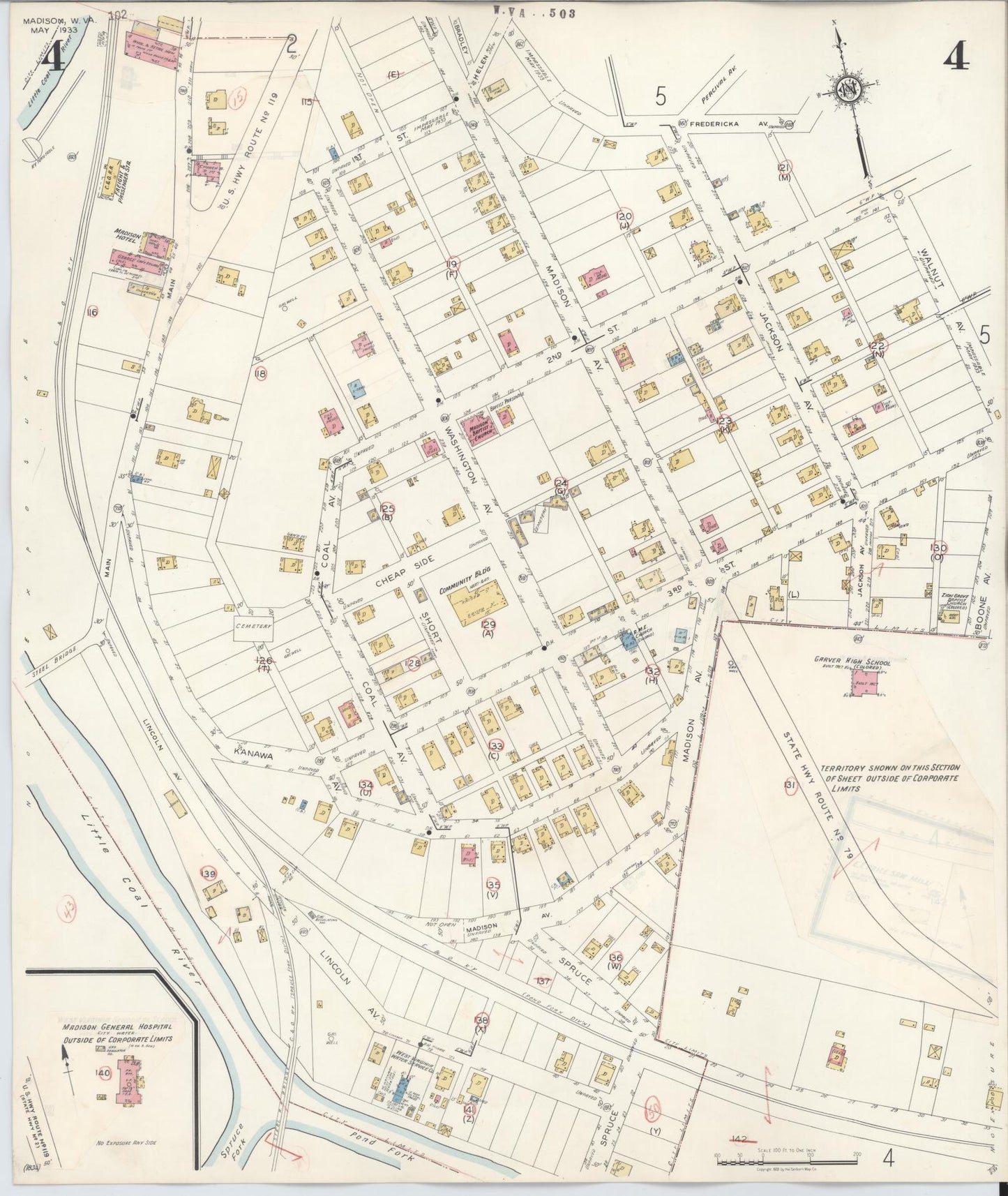 Sanborn Fire Insurance Map from Madison, Boone County, West Virginia (1943), Sheet #0004 - Historic Sanborn Fire Insurance Map Print, vintage old map wall art, antique decor, genealogy gift, West Virginia West Virginia map
