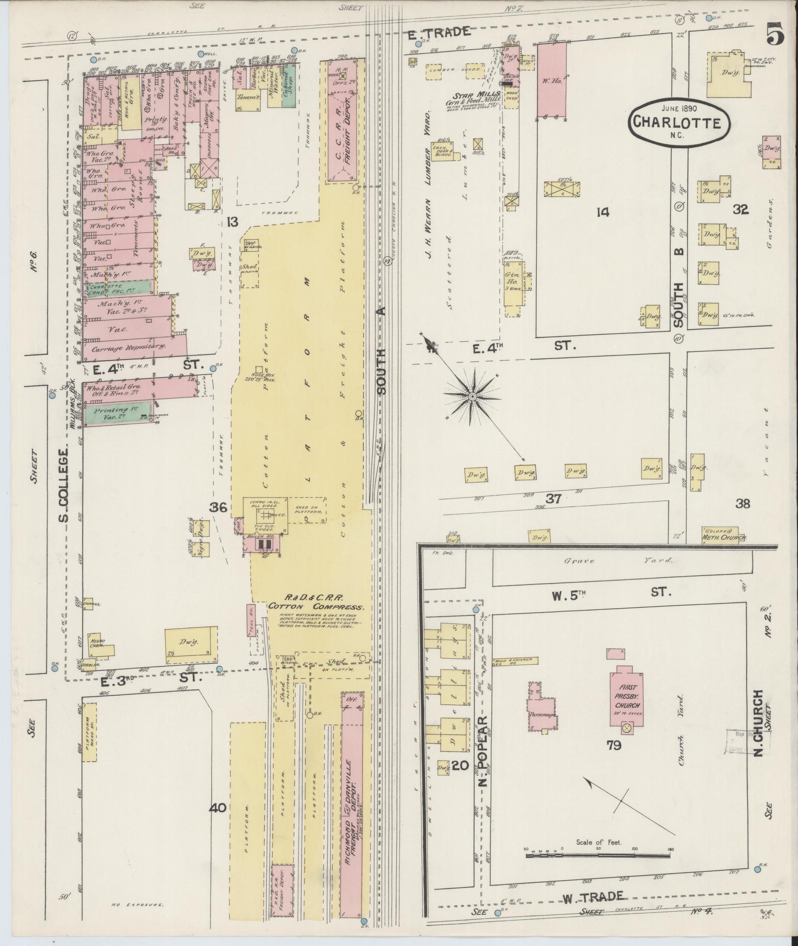 Sanborn Fire Insurance Map from Charlotte, Mecklenburg County, North Carolina (1890), Sheet #0005 - Historic Sanborn Fire Insurance Map Print, vintage old map wall art, antique decor, genealogy gift, North Carolina North Carolina map