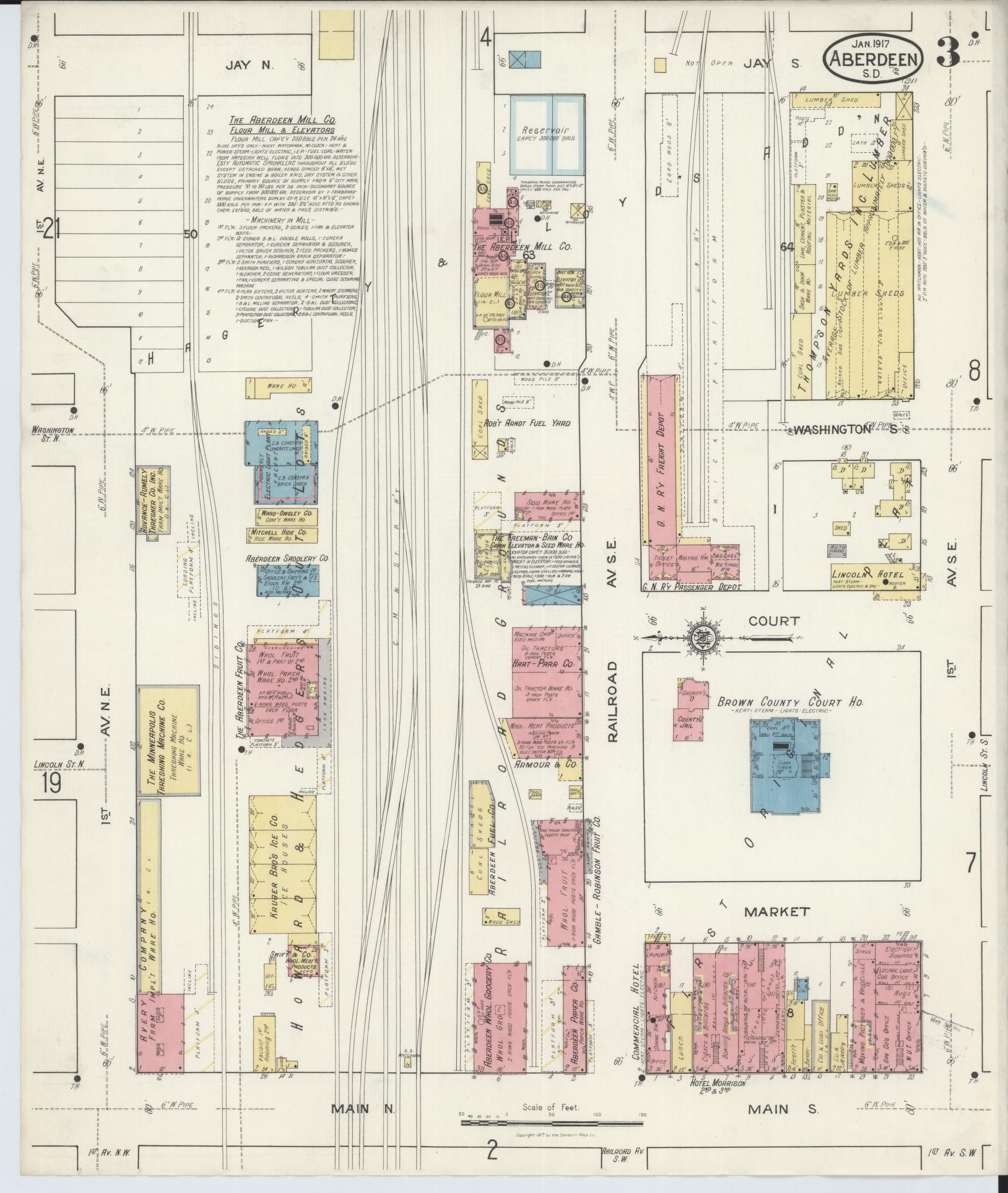 Sanborn Fire Insurance Map from Aberdeen, Brown County, South Dakota (1917), Sheet #0003 - Historic Sanborn Fire Insurance Map Print, vintage old map wall art, antique decor, genealogy gift, South Dakota South Dakota map
