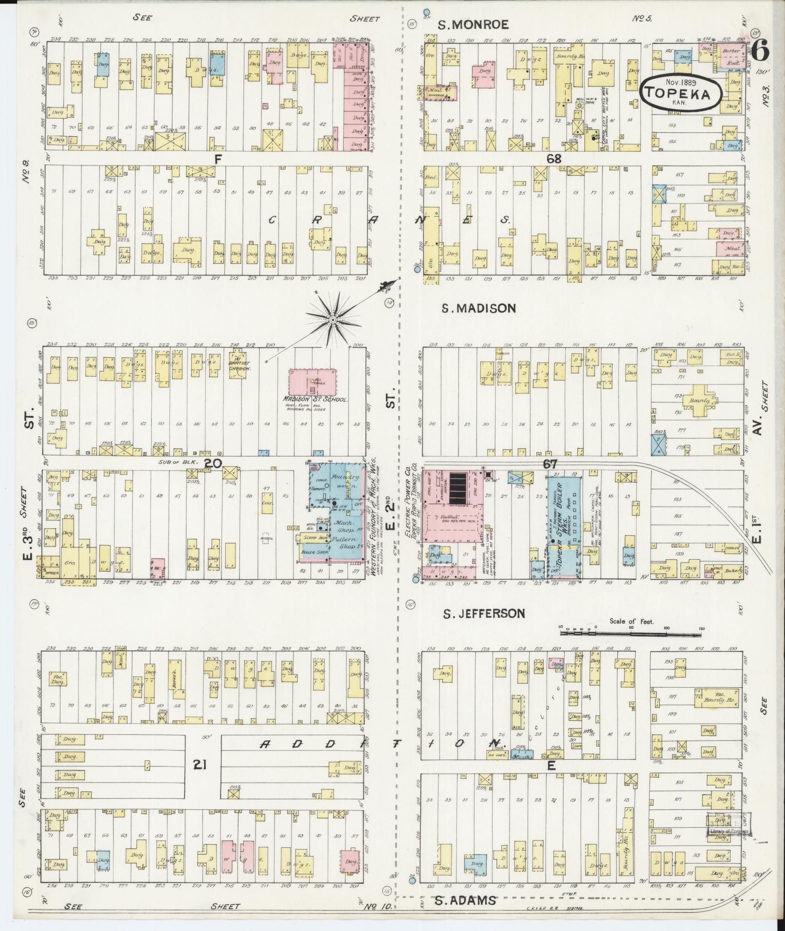 Sanborn Fire Insurance Map from Topeka, Shawnee County, Kansas (1889), Sheet #0007 - Historic Sanborn Fire Insurance Map Print, vintage old map wall art, antique decor, genealogy gift, Kansas Kansas map