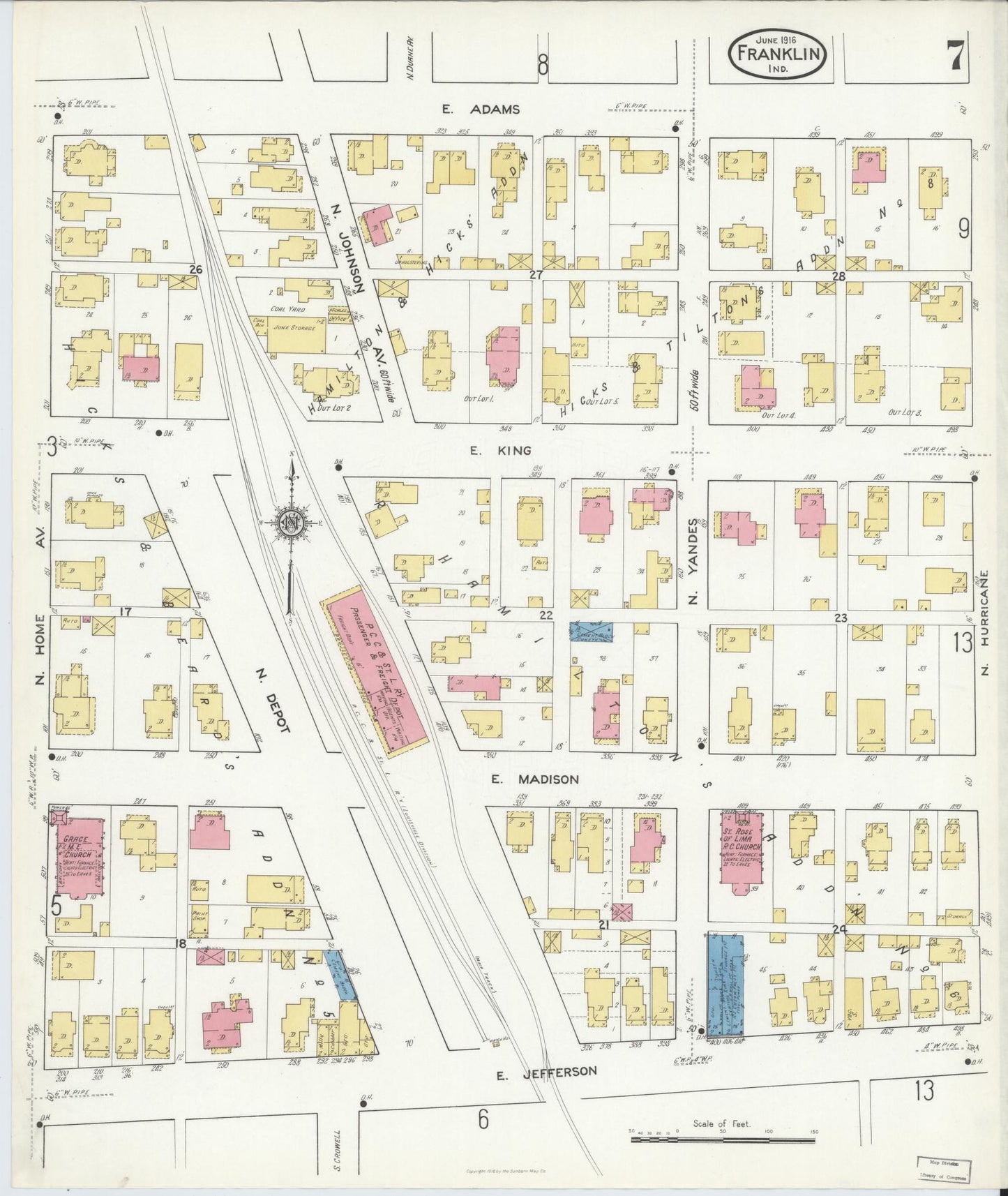 Sanborn Fire Insurance Map from Franklin, Johnson County, Indiana (1916), Sheet #0007 - Historic Sanborn Fire Insurance Map Print, vintage old map wall art, antique decor, genealogy gift, Indiana Indiana map