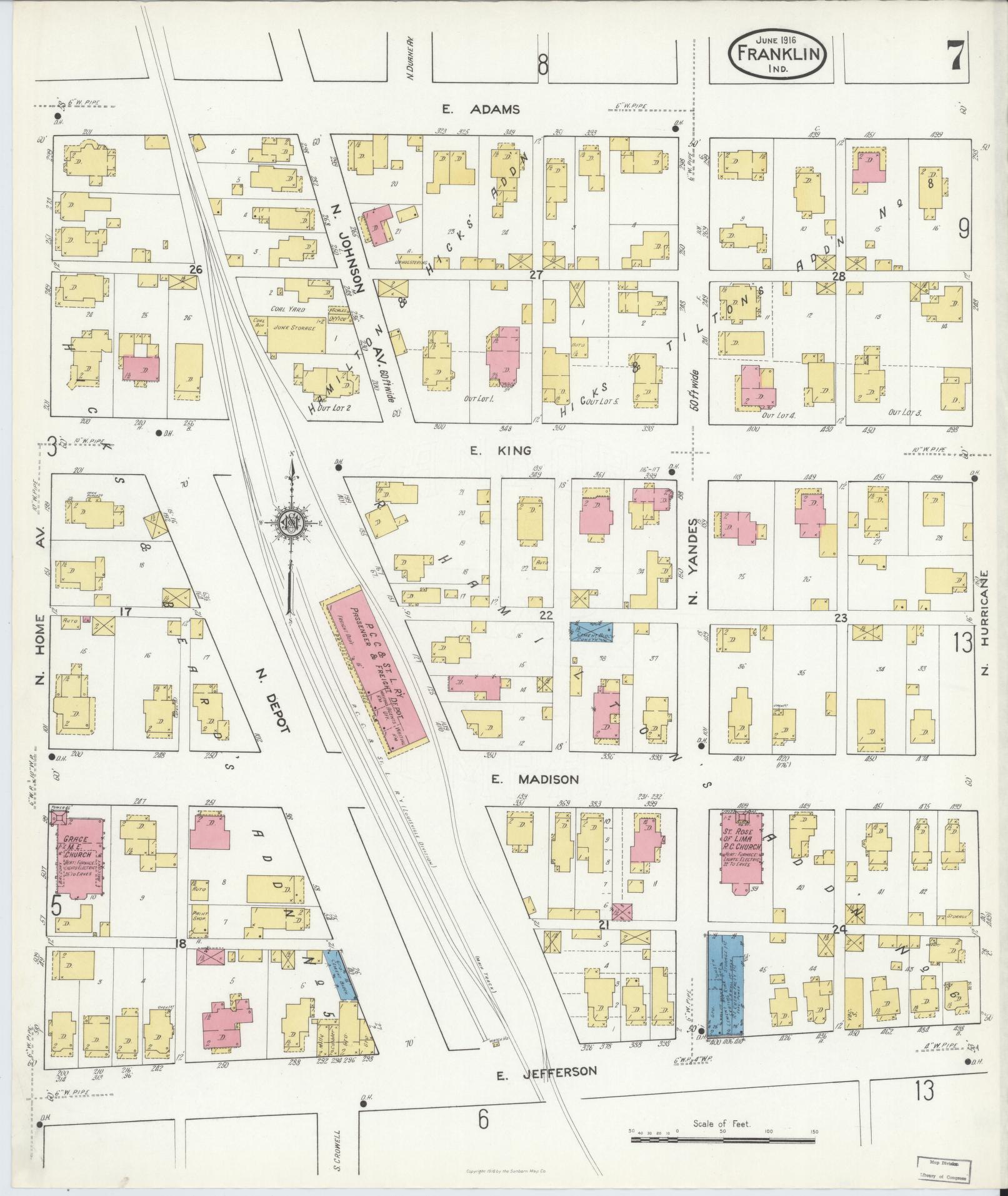 Sanborn Fire Insurance Map from Franklin, Johnson County, Indiana (1916), Sheet #0007 - Historic Sanborn Fire Insurance Map Print, vintage old map wall art, antique decor, genealogy gift, Indiana Indiana map