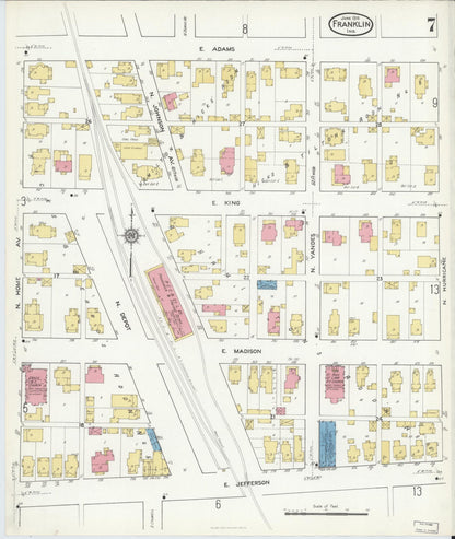 Sanborn Fire Insurance Map from Franklin, Johnson County, Indiana (1916), Sheet #0007 - Historic Sanborn Fire Insurance Map Print, vintage old map wall art, antique decor, genealogy gift, Indiana Indiana map