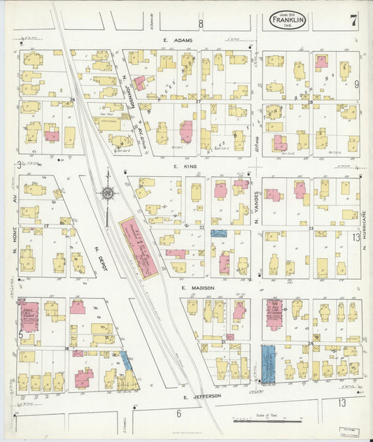 Sanborn Fire Insurance Map from Franklin, Johnson County, Indiana (1916), Sheet #0007 - Historic Sanborn Fire Insurance Map Print, vintage old map wall art, antique decor, genealogy gift, Indiana Indiana map