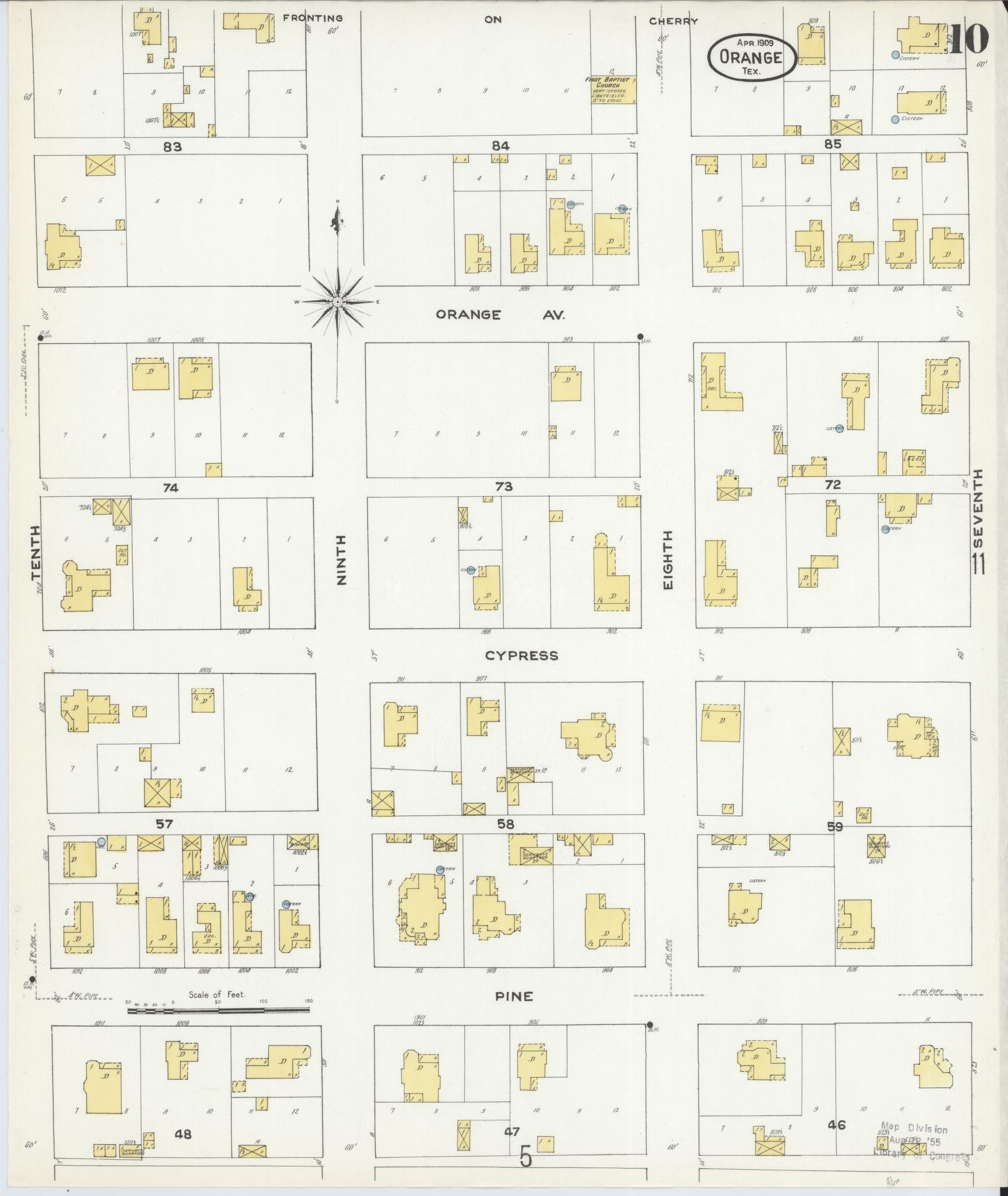 Sanborn Fire Insurance Map from Orange, Orange County, Texas (1909), Sheet #0010 - Historic Sanborn Fire Insurance Map Print, vintage old map wall art, antique decor, genealogy gift, Texas Texas map